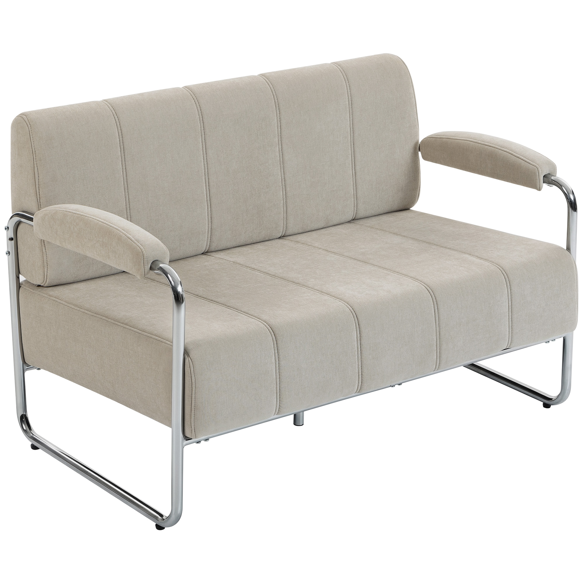 Canapé 2 places moderne revêtu en chenille beige, en acier, mousse et panneau multiplis
