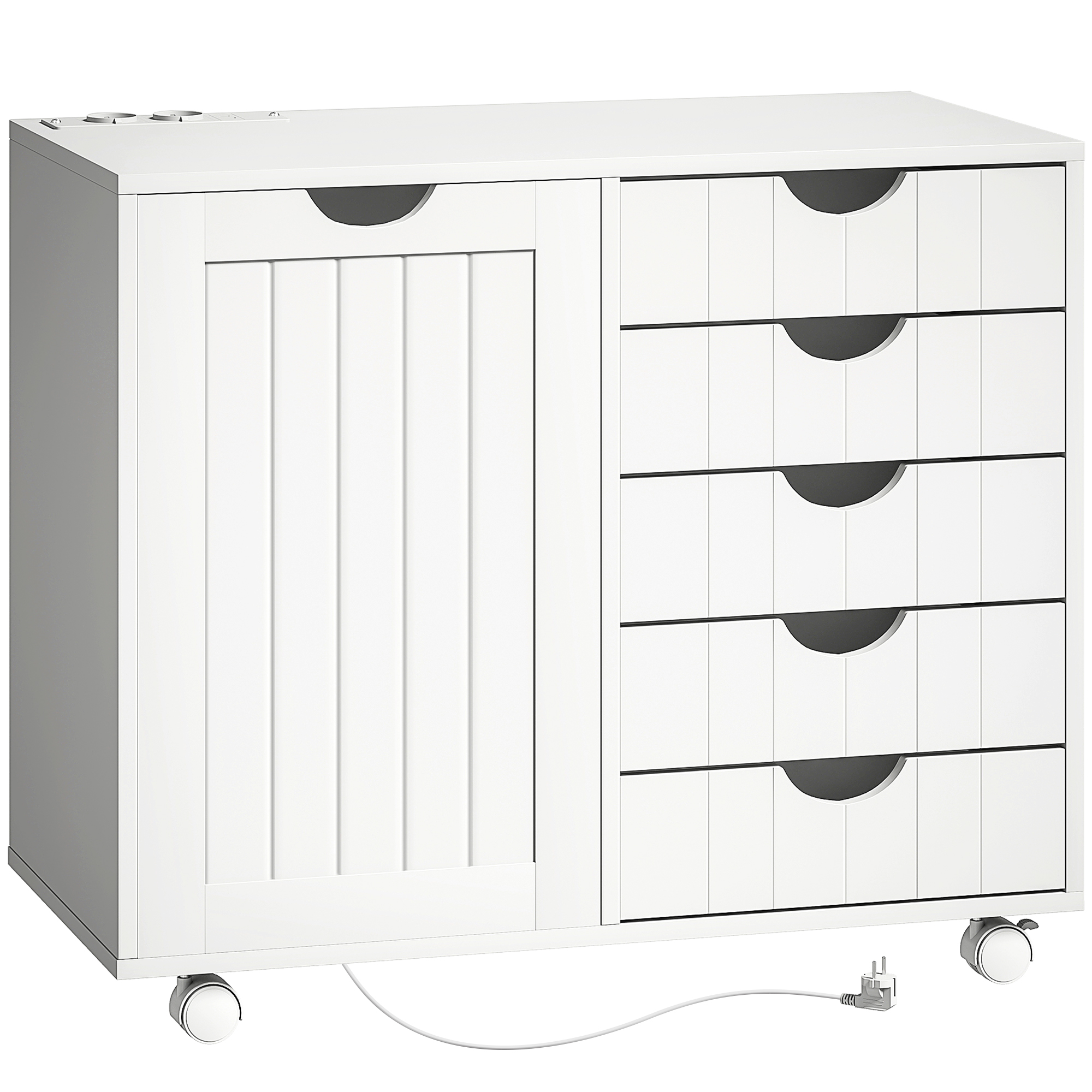 HOMCOM Druckertisch mit integrierter Ladestation und Rollen, Druckerständer mit 5 Schubladen, USB-Ports, verstellbarer Einlegeboden, Weiß Aosom