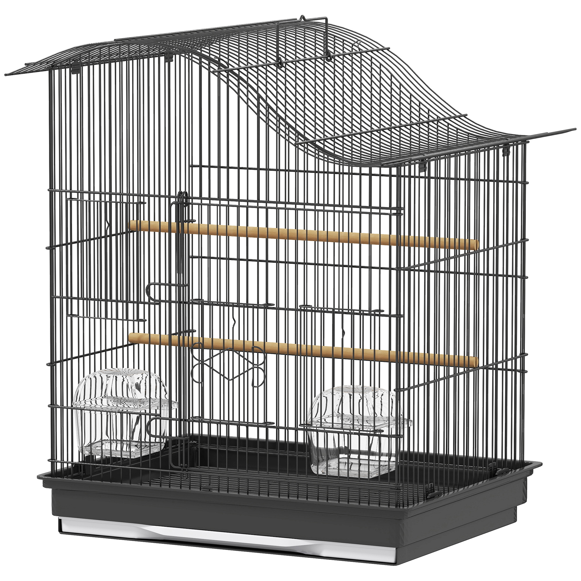 Meilleurs prix pour PawHut Cage pour oiseaux à 4 portes avec 2 gamelles, 2 perchoirs et bac, en métal et plastique, 47.5x36x54.5 cm, Noir