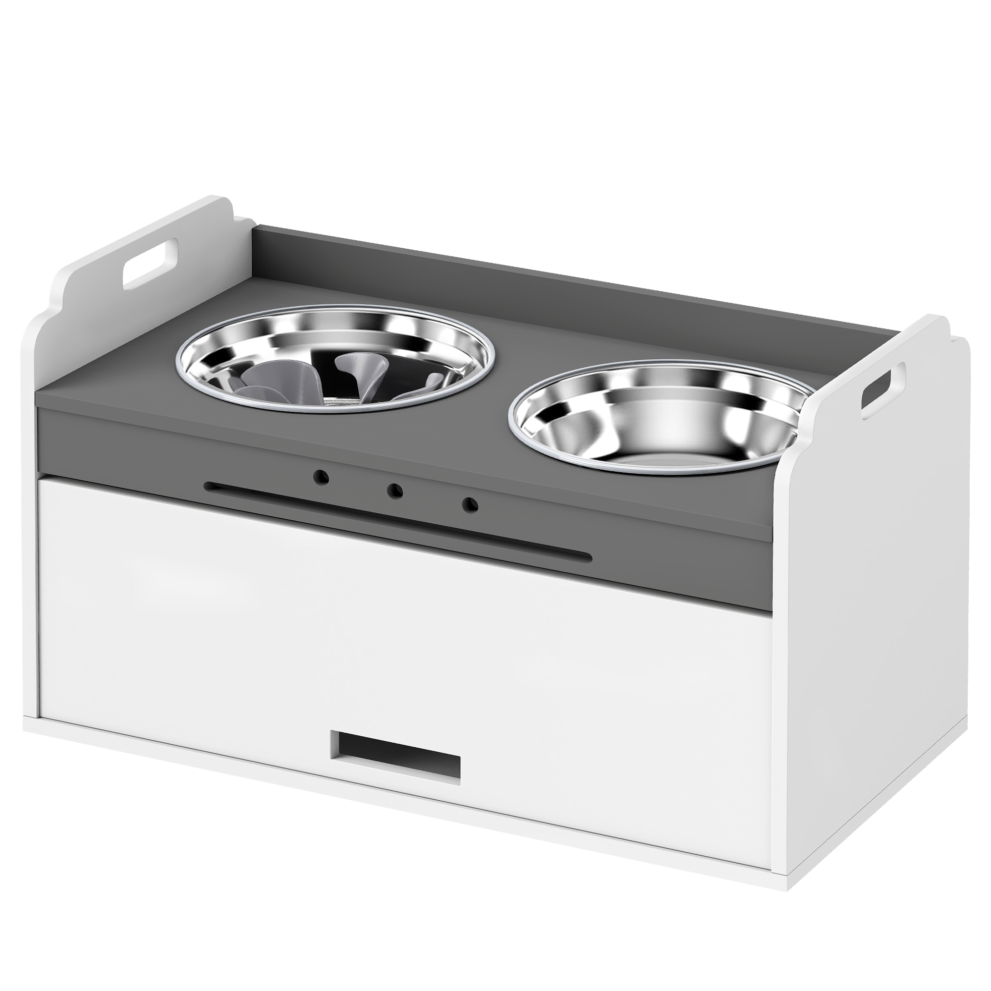 Comparer les prix de PawHut Gamelle surélevée avec armoire de rangement, 2 bols avec anneaux antidérapants, 60 x 30 x 35,5 cm, Blanc