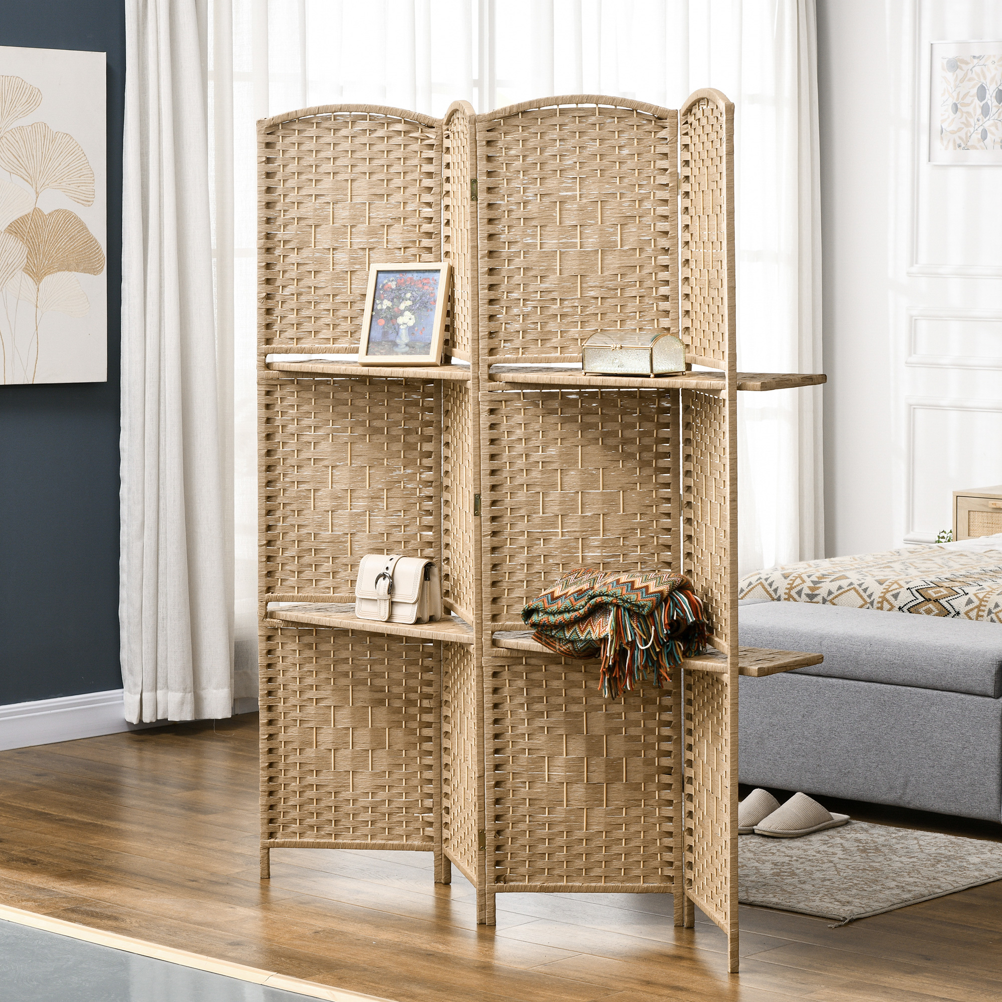 HOMCOM 4-teiliger Raumteiler, 160 x 170 cm, faltbare Trennwand mit 2 Regale günstig online kaufen