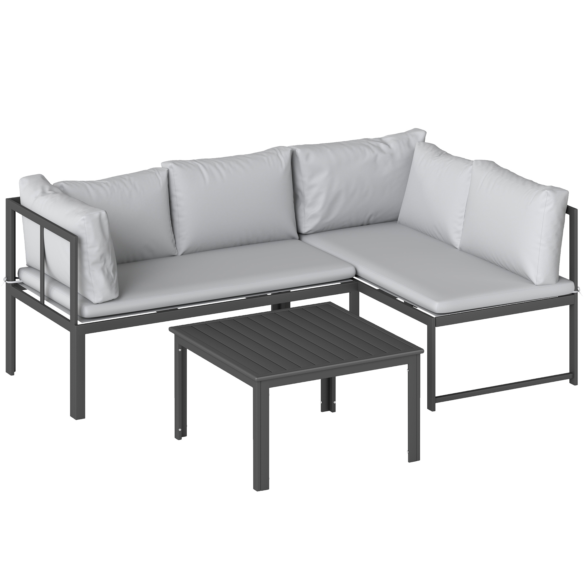 Outsunny 3-teiliges Garten-Sitzset, Gartenmöbel-Set mit 2 zweisitzigen Sofas mit verstellbaren Armlehnen, Latten-Tisch, Kissen, Metallrahmen, L‑förmiges Outdoor-Sitzset, Grau Aosom