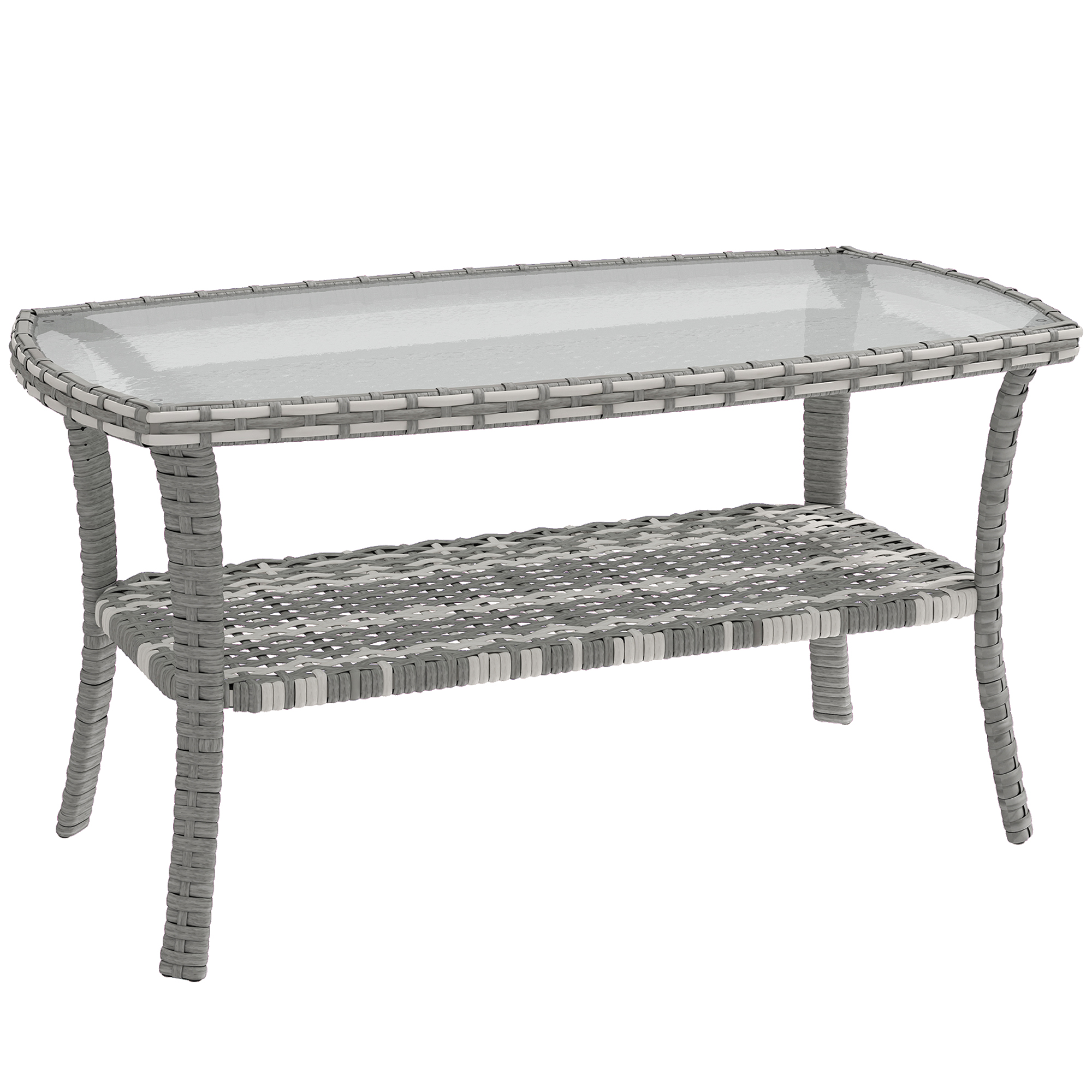 Outsunny Gartentisch aus Rattan mit Ablage, rechteckiger Beistelltisch, gewellte gehärtete Glasplatte, Stahlgestell, für Terrasse, Patio, 90x50x45 cm, Dunkelgrau Aosom