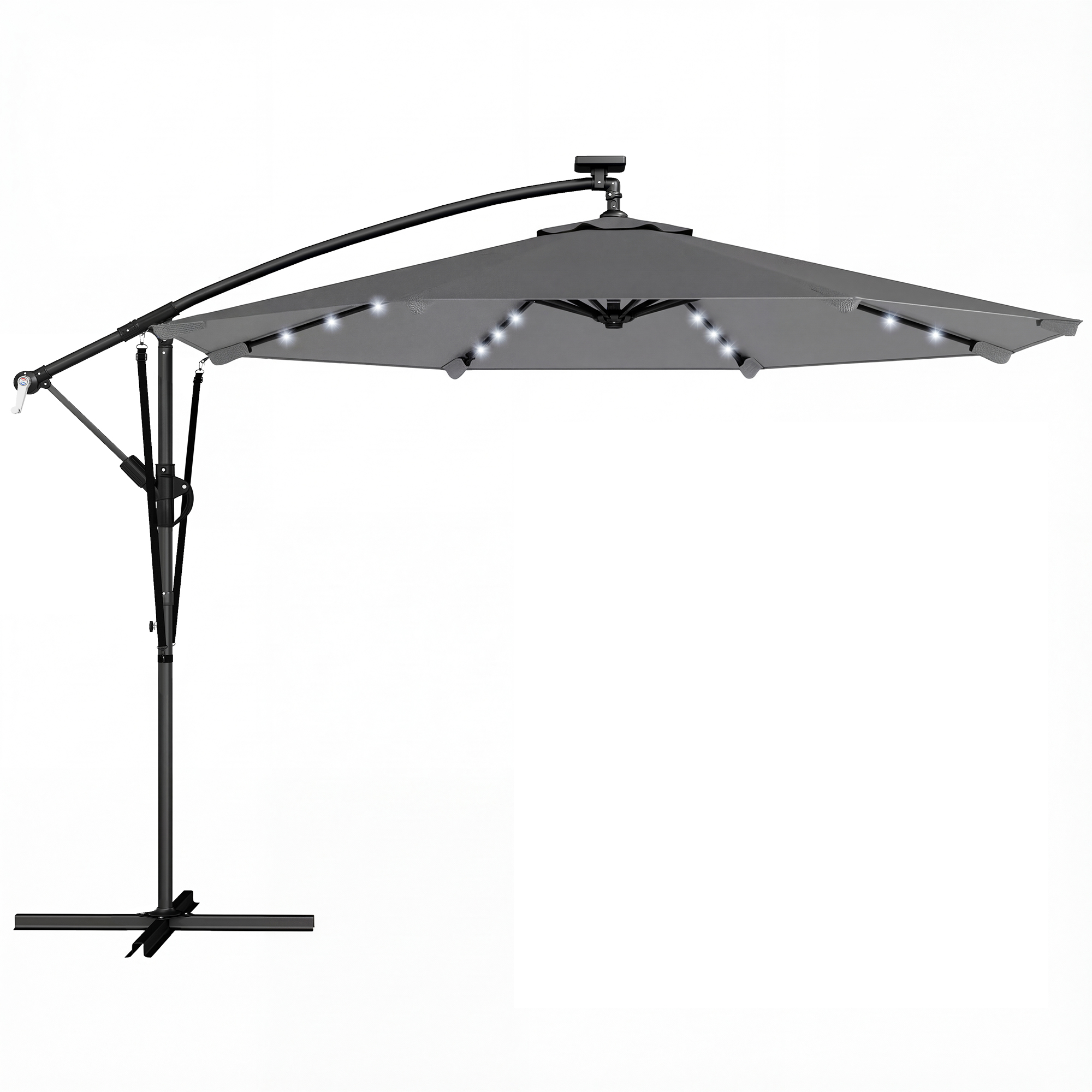 Outsunny Umbrelă Excentrică cu Lumină LED Solară 330x295 cm Umbrelă cu Bază Încrucișată Manivelă Husă Protectoare Gri Închis | Aosom Romania