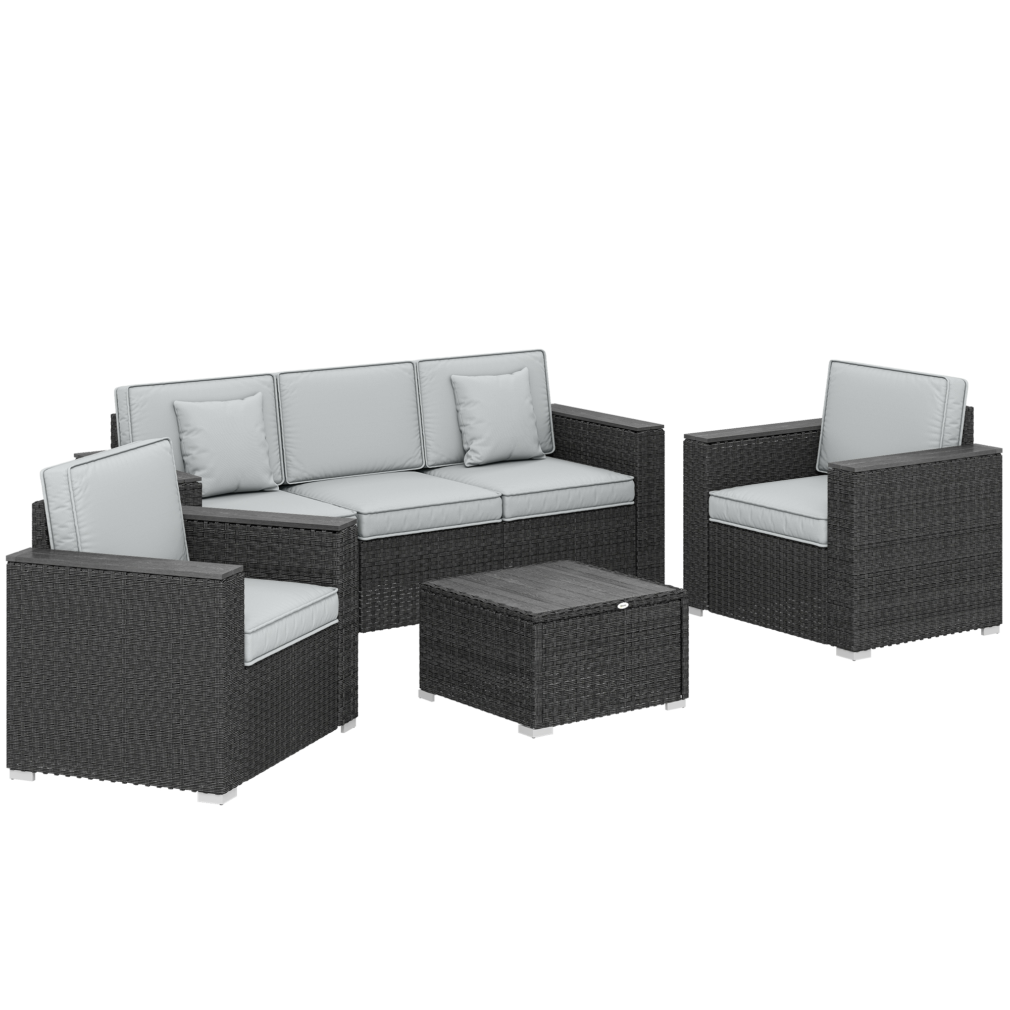 Outsunny Dark Grey 5 Seater Rattan Garden Furniture Set With Wide Armrests, Cushions, Pillows For Patio,