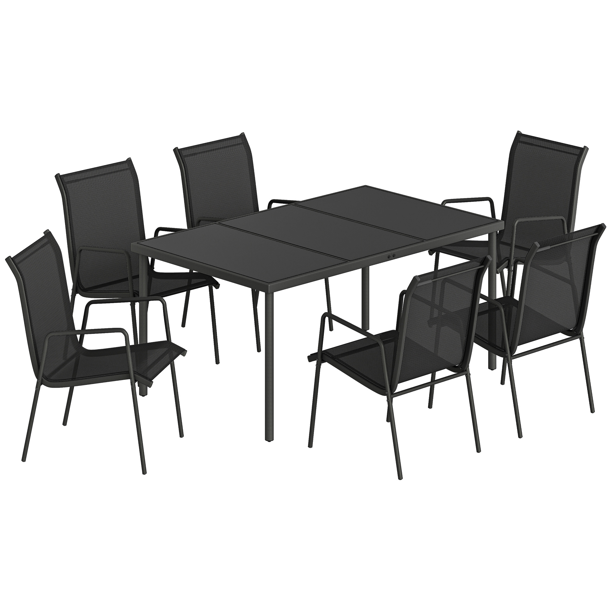 Outsunny Garten-Tisch- und Stuhlset, 7-teilig, Outdoor-Essgruppe mit 6 stapelbaren Texteline-Stühlen, gehärtete Glas-Tischplatte, Metallgestell, für Terrasse & Balkon, Schwarz Aosom