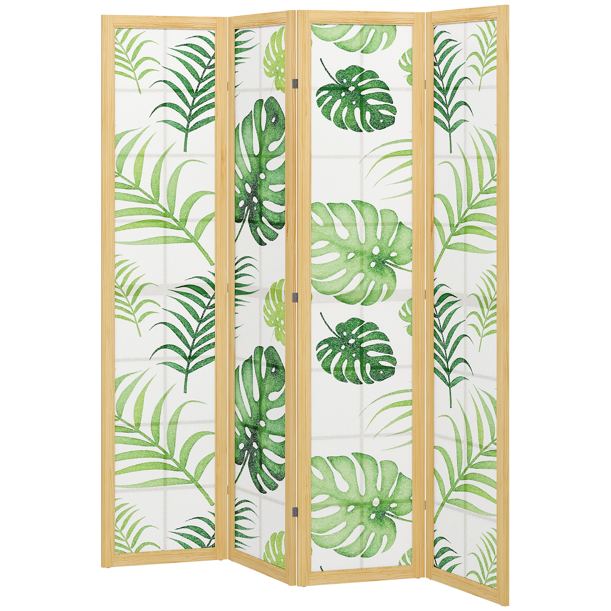 HOMCOM Paravent 4 panneaux, pliable, design bohème, motif tropical, paravent autoportant, cadre en bois, Vert