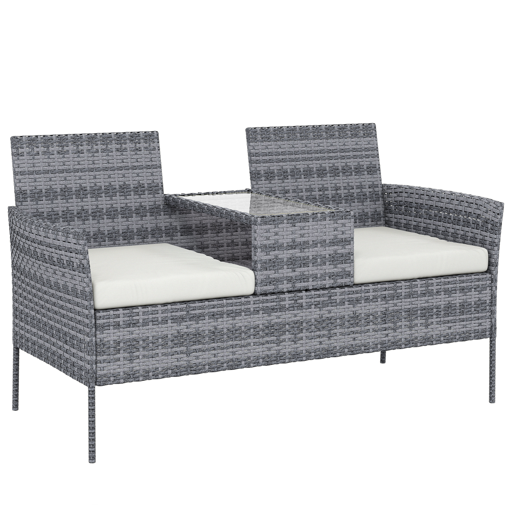 Outsunny Gartenbank aus geflochtenem Resin 2 Plätze mit Tisch und Kissen, 135 x 64 x 81 cm, für Balkon und Terrasse, Outdoor-Sofa, wetterfest, schwarz-creme Aosom