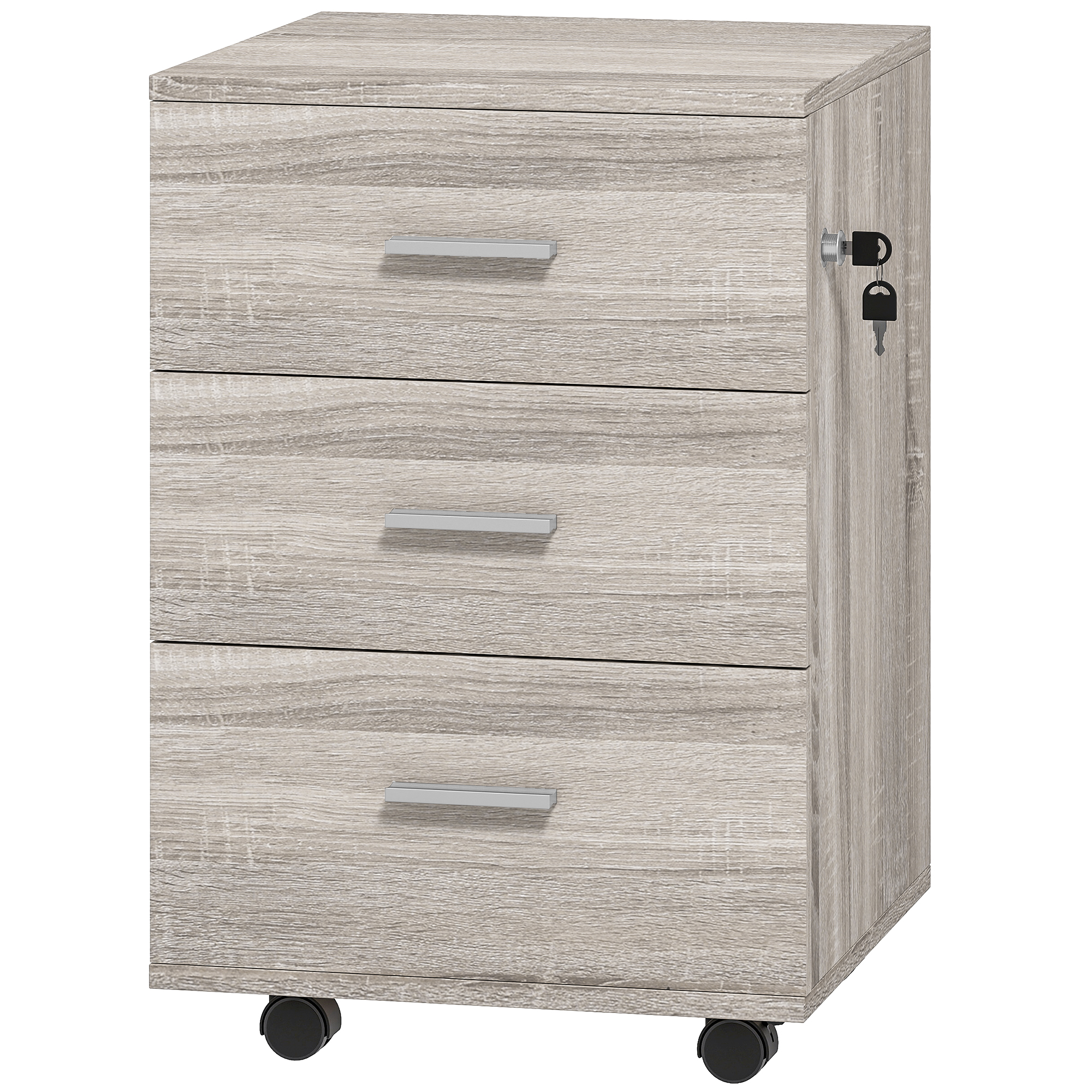 Vinsetto Schubladen-Container mit 3 Schubladen, Bürocontainer auf Rollen, Schloss, 2 Schlüssel, mobiler Aktenschrank, für Arbeitszimmer, Wohnzimmer, 40x40x61,5 cm, Grau Aosom