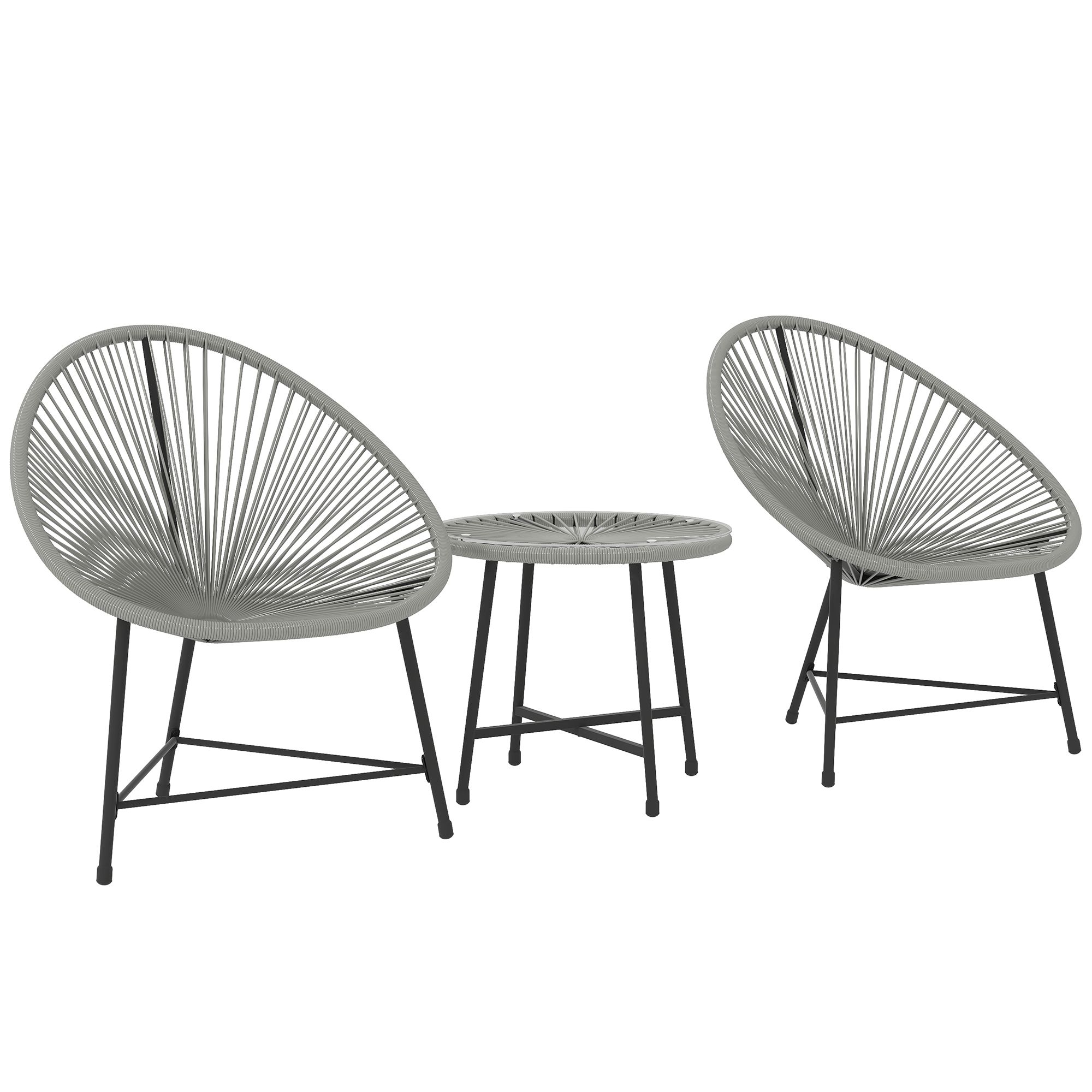 Outsunny Ensemble de jardin 3 pièces, 2 chaises en rotin synthétique, 1 table avec plateau en verre, cadre en acier, mobilier d'extérieur, gris