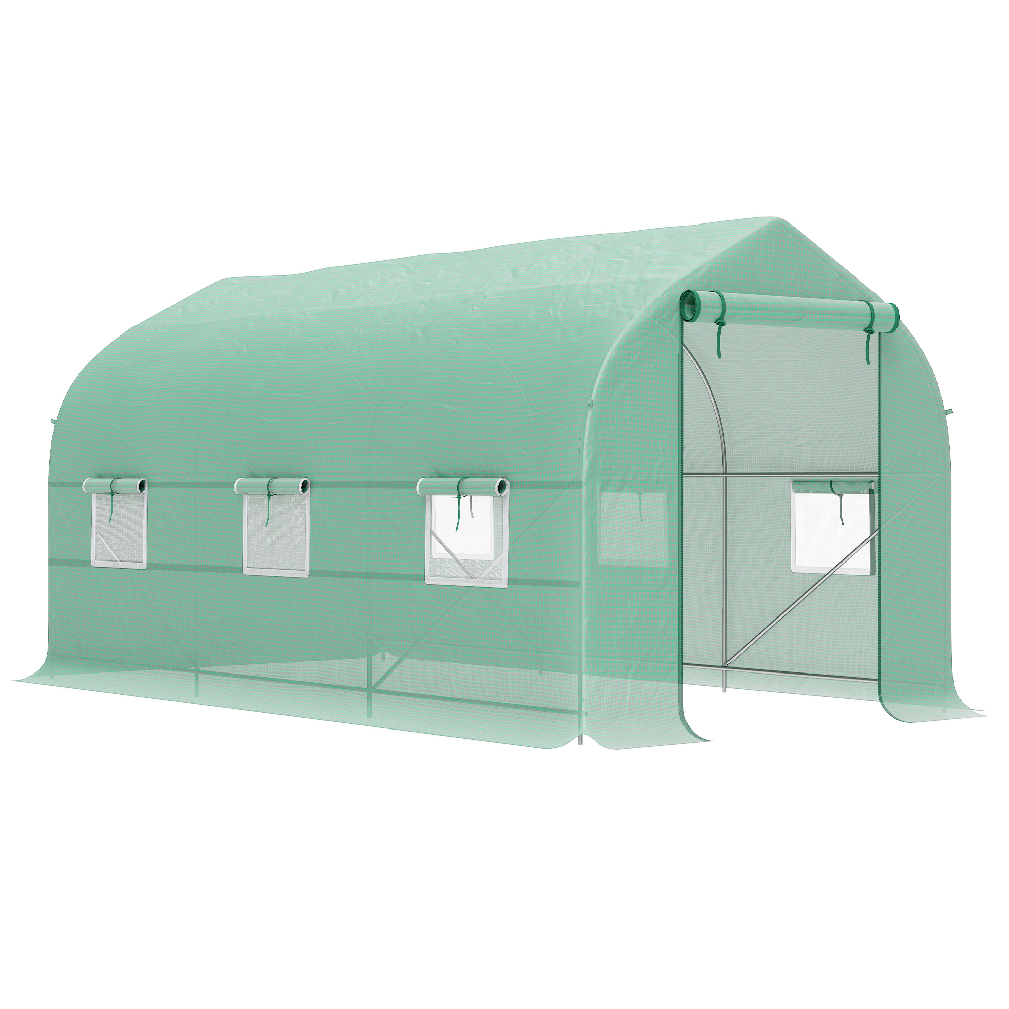 Outsunny Tunnelsgewächshaus 4x2x2 m mit aufrollbaren Türen und 6 Fenstern, Gewächshaus für Gemüsebeet mit Satteldach, Metallrahmen und PE-Abdeckung, für Gemüse, Blumen, Obst, Grün Aosom