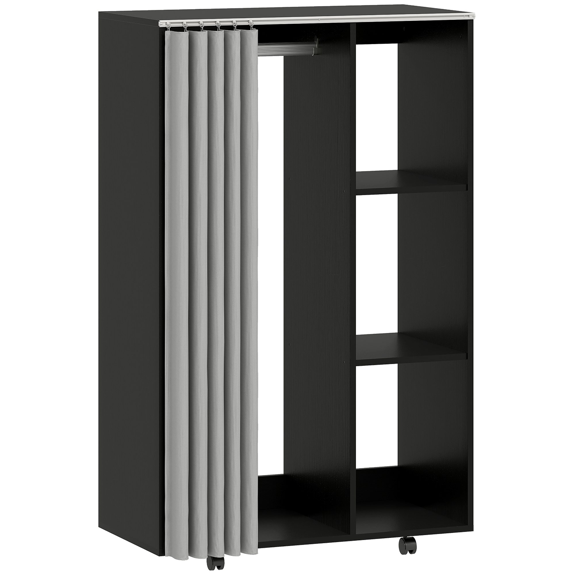 HOMCOM Kleiderschrank mobiles Aufbewahrungsmöbel 4 Rollen mit Kleiderstange und offenen Regalen, rollender Kleiderschrank fürs Schlafzimmer, 80x40x128cm, schwarz Aosom