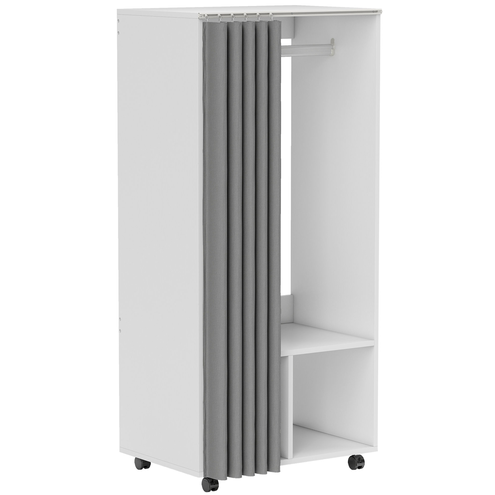 HOMCOM Kleiderschrank mobil mit Vorhang, Aufbewahrungsschrank mit 4 Rollen, Kleiderstange und Regalen, rollbarer Kleiderschrank für Schlafzimmer, 60 x 40 x 128 cm, weiß Aosom