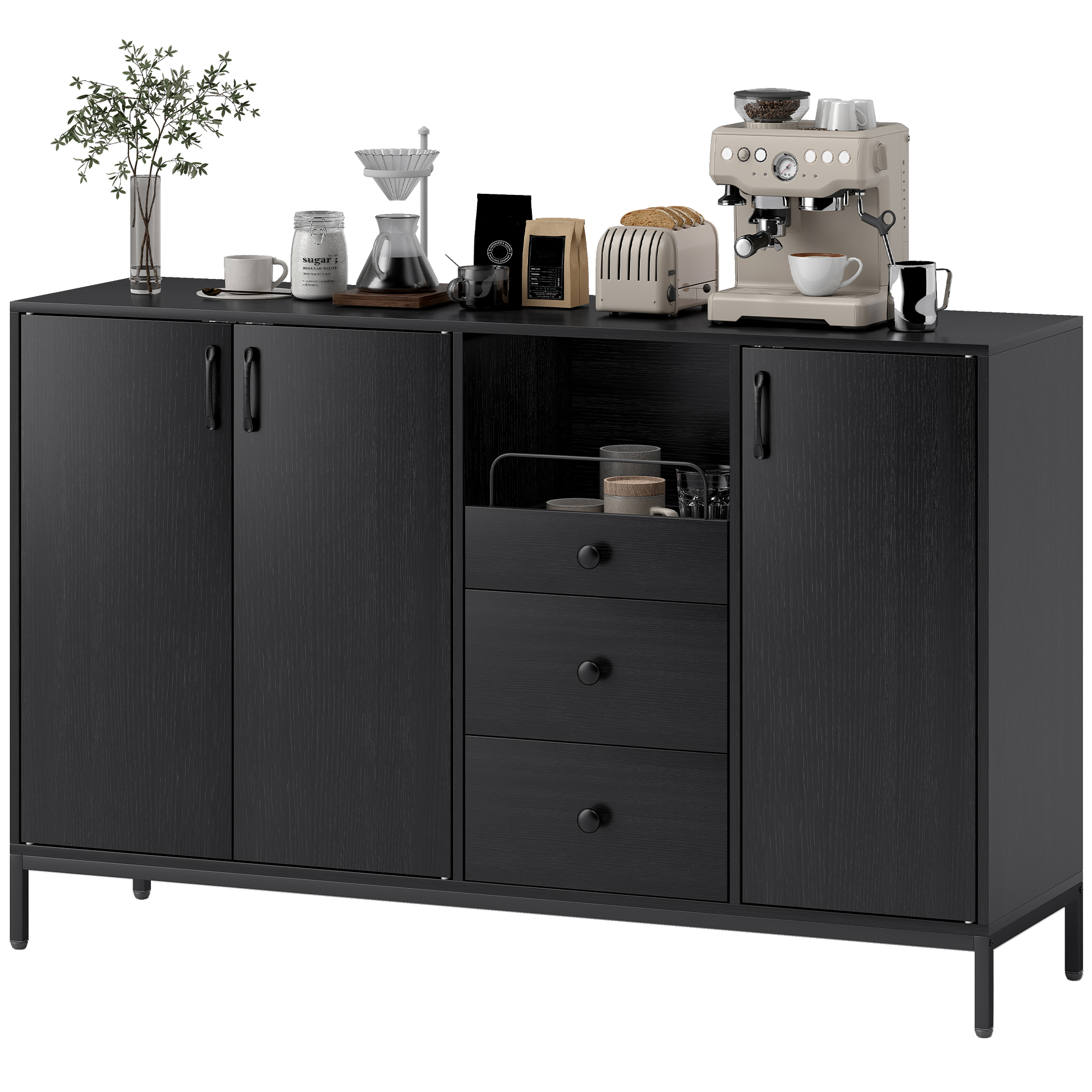 HOMCOM Buffet 3 Portes Buffet de Salon avec 3 Tiroirs Étagères Réglables pour Cuisine Entrée Noir 143,5x40x90 cm