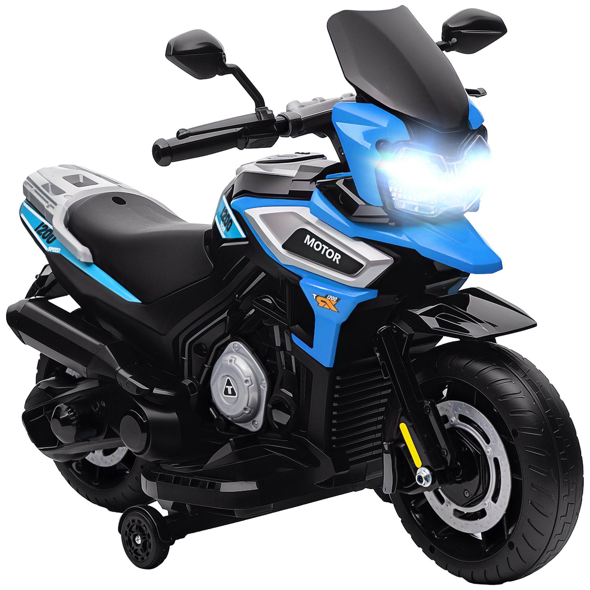 AIYAPLAY Elektrisches Kinder-Motorrad 18-36 Monate, 6V Kinder-Elektromoped mit abnehmbaren Stützrädern, Scheinwerfer, Musik, 2.4 km/h Mini-Motorrad mit Licht, max. 30kg, Blau Aosom