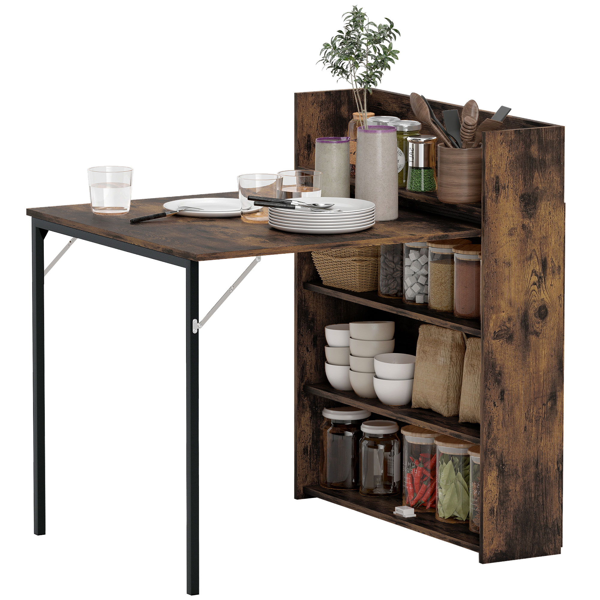 HOMCOM Table pliante avec étagère, design industriel, gain de place, pour petits espaces, 80x90x93cm, Brun rustique