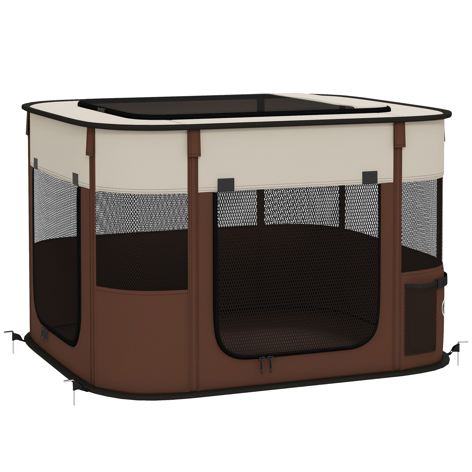 PawHut Haustier-Box mit 6 Fenstern, 3 Türen und 2 Aufbewahrungstaschen, Hundegehege aus Oxford-Gewebe und Stahl, 74x60x45 cm, Braun Aosom