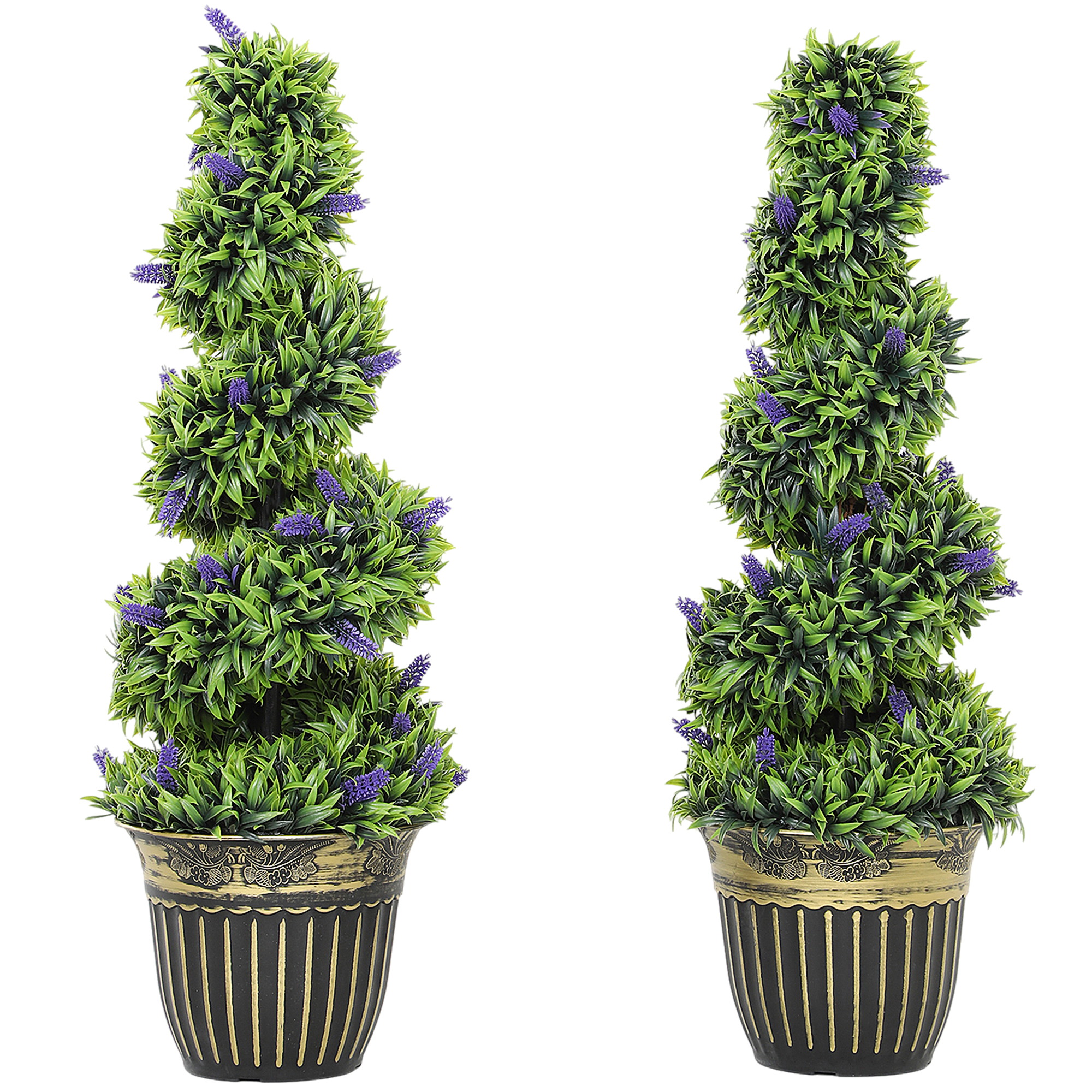 HOMCOM Set 2 künstliche Buchsbaum-Spiralpflanzen 90 cm mit Lavendel, 30 Blüten und Topf, Topiary-Kunstpflanzen für Außen, UV-beständige Kunstpflanze zur Wohn- und Gartendekoration, Grün und Blau Aosom