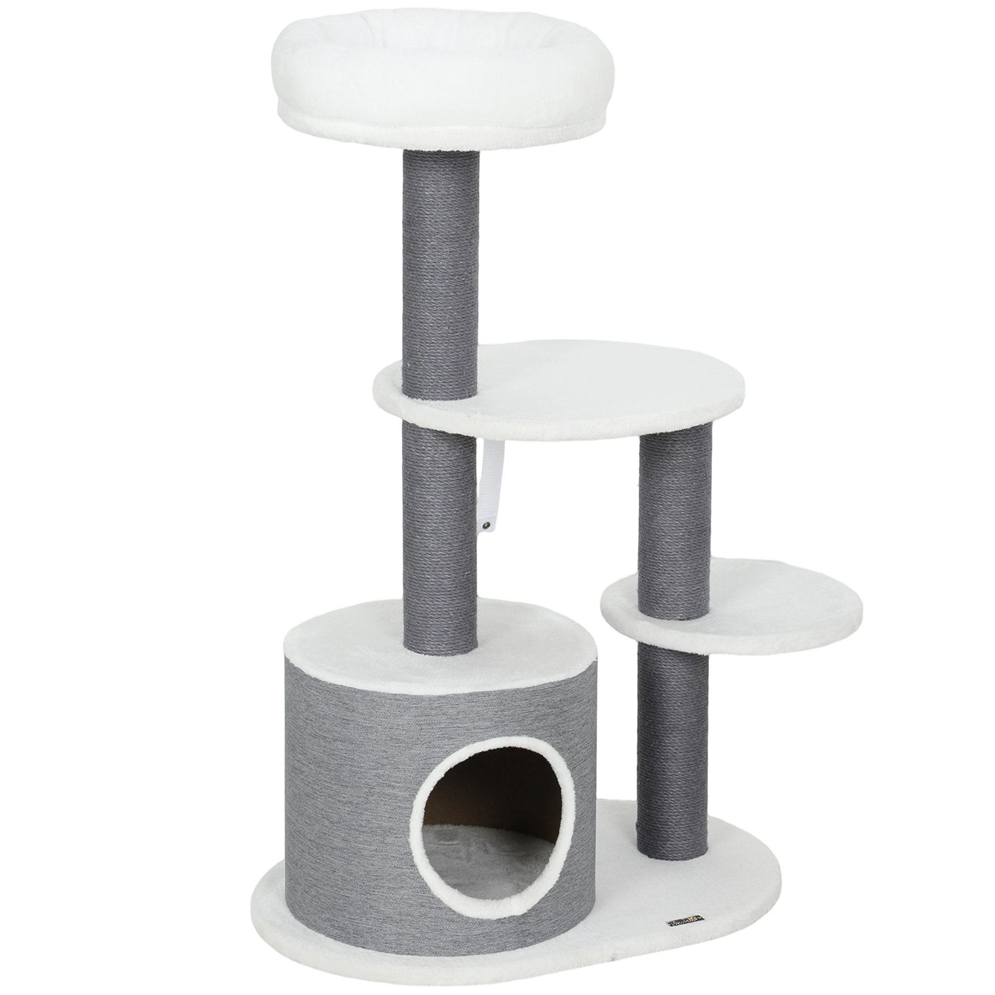PawHut Arbre à chat avec 1 niche, 1 lit pour chat, 2 plateformes, poteaux en corde de jute, Blanc + Gris