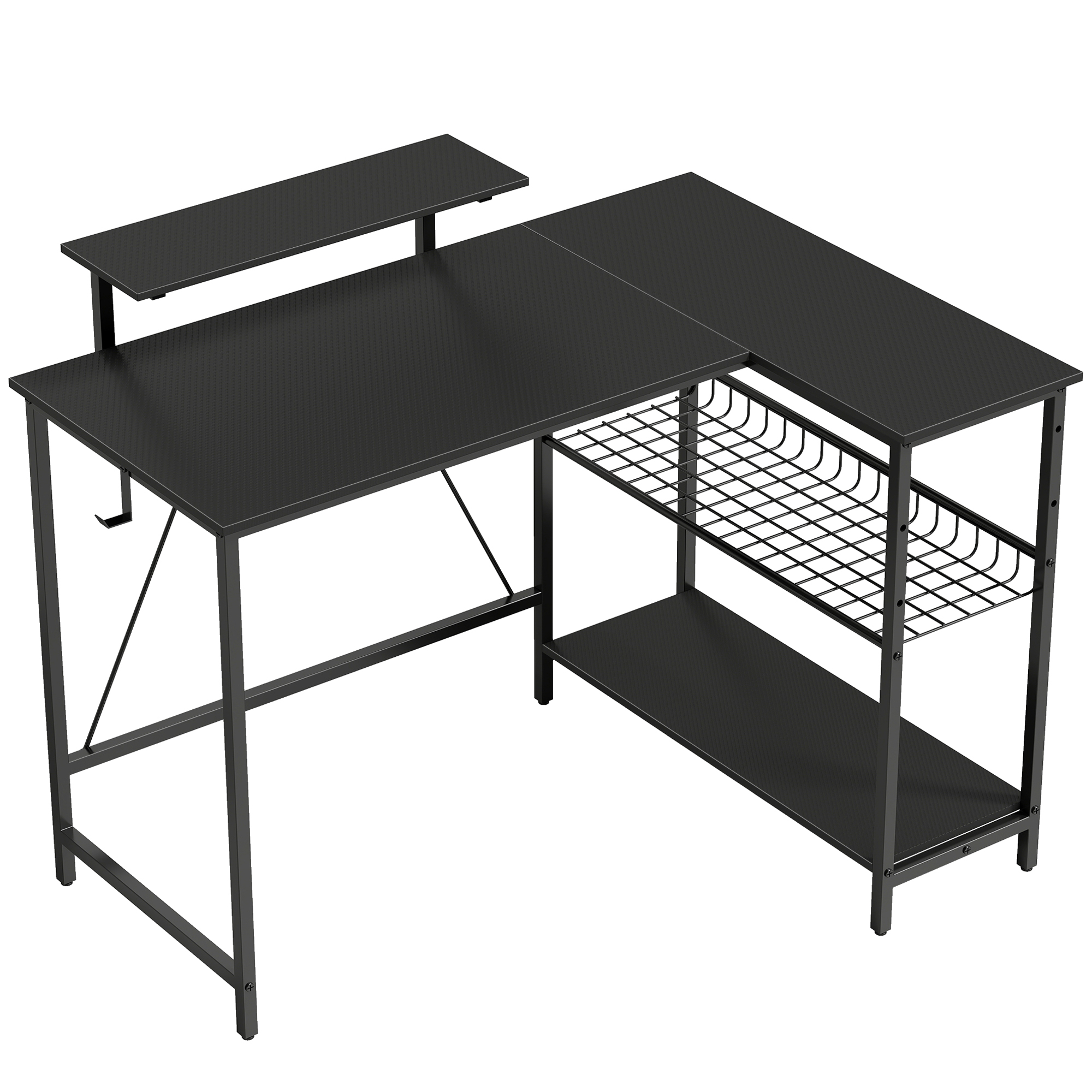 HOMCOM Wendebarer Gaming-Schreibtisch 114,5 x 82 cm, Eck-Gaming-Schreibtisch mit Monitorhalter und verstellbarem Gitterregal, Computertisch zum Lernen, Spielen und Arbeiten, schwarze Carbon-Optik Aosom