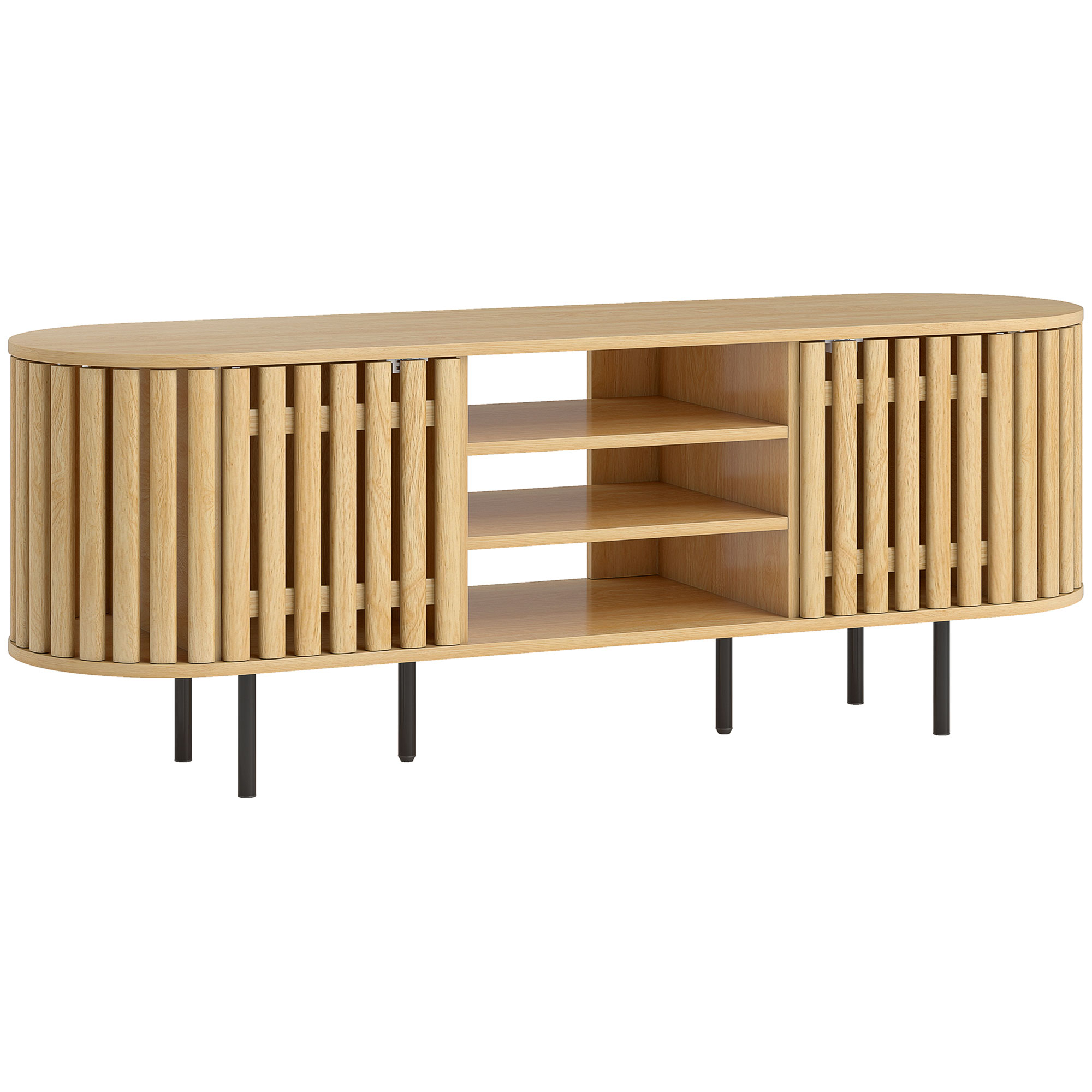 HOMCOM TV-Möbel 140 cm, TV-Schrank für Fernseher bis 152,4 cm, 2 Lamellentüren, 3 offene Fächer und Stahlfüße, TV-Bank für Wohn- und Schlafzimmer, Bois naturel Aosom