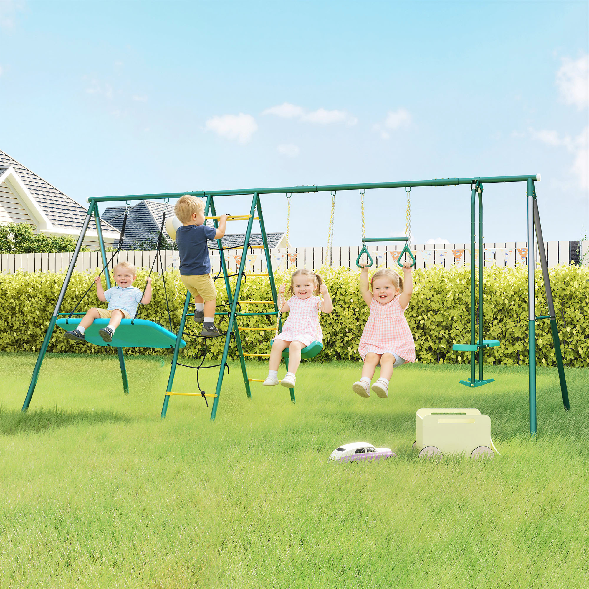 AIYAPLAY Cadru 5-în-1 pentru leagăn cu leagăn-tip-cuib reglabil inele de gimnastică scaun dublu cadru de cățărare pentru 3-8 ani 440x175x203 cm | Aosom Romania