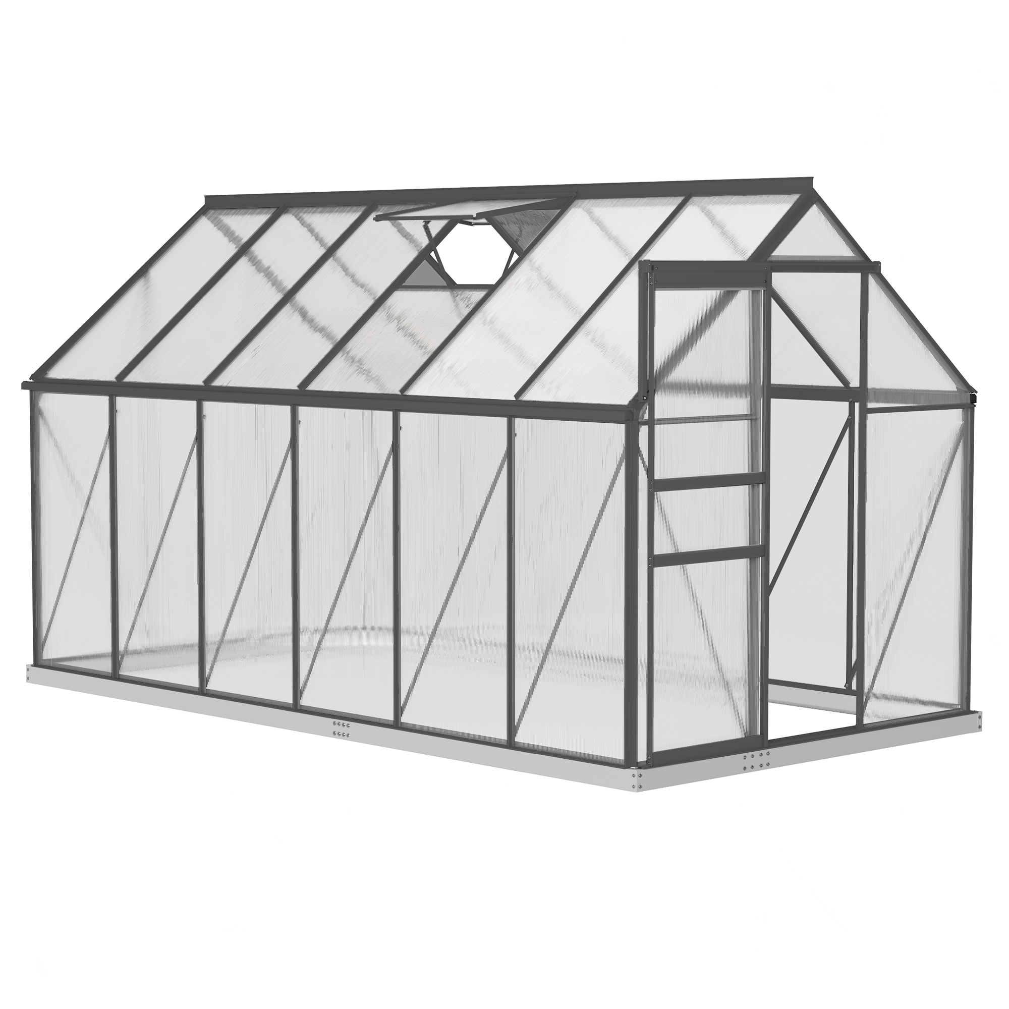 Outsunny Gewächshaus 7 m² aus Aluminium-Polycarbonat mit Fundament, 190 x 375 x 199 cm, Gewächshaus mit verstellbarem Fenster und Schiebetür, wetterbeständig, grau dunkel Aosom