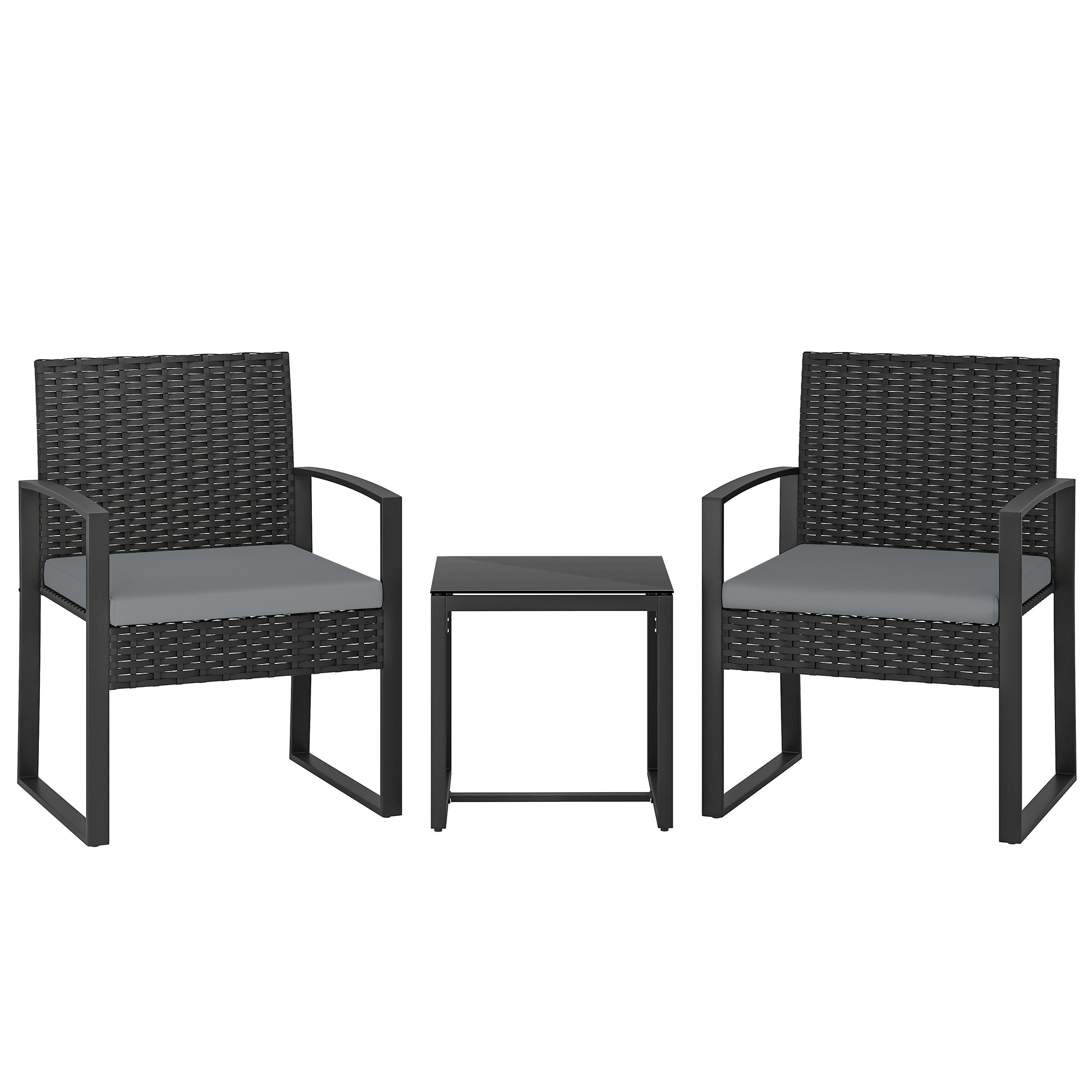Outsunny 3-teiliges Garten-Set, Rattan-Gartenmöbel mit 2 Stühlen mit waschbaren Kissen und Tisch mit gehärteter Glasplatte, witterungsbeständig, für Balkon, Terrasse, Hellgrau Aosom