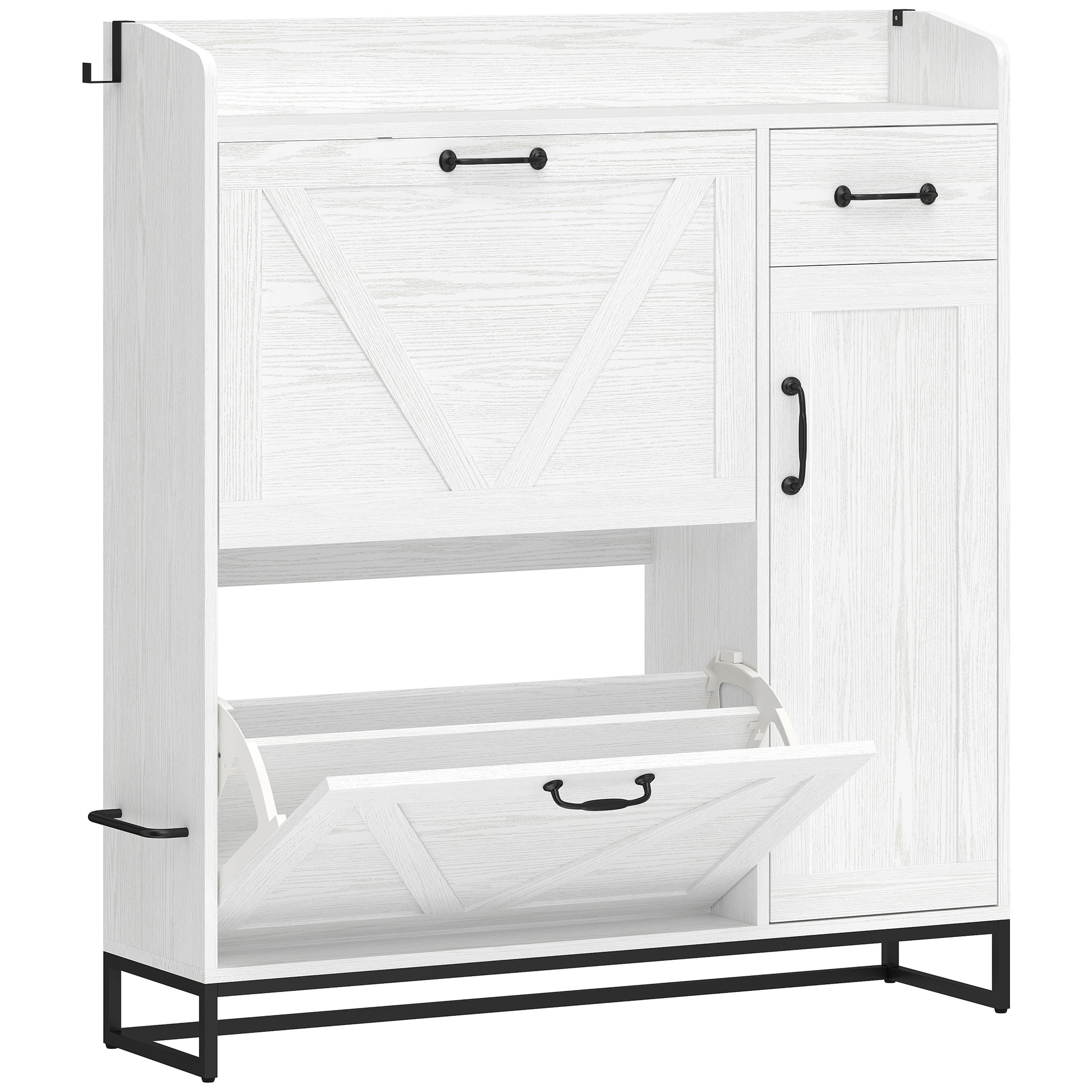 HOMCOM Schmaler Schuhschrank mit 2 Klappschubladen, Schuhschrank für Diele/Flur Rustikal mit Schublade und verstellbaren Einlegeböden, für 12 Paar Schuhe, für Flur, wenig Platz, 106,7x26x116 cm, Weiß Aosom