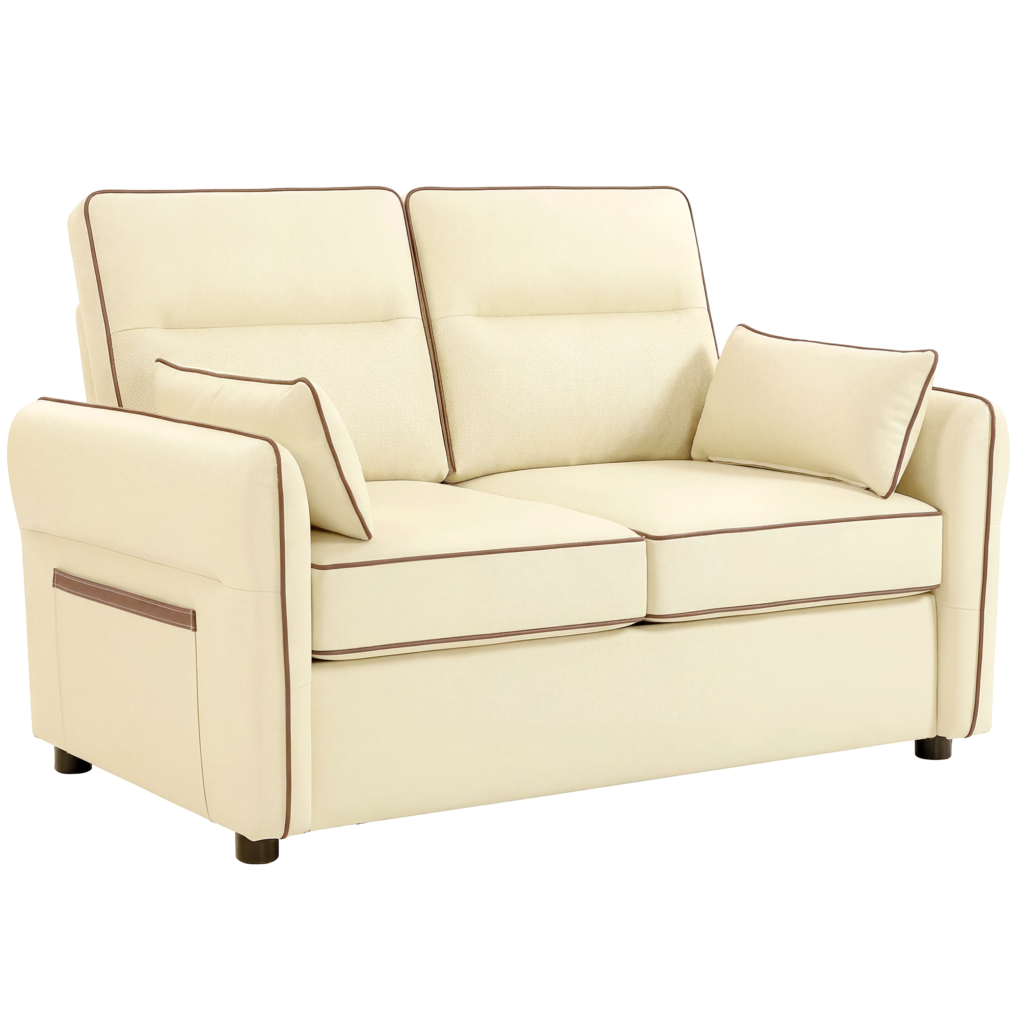 HOMCOM 2-Sitzer-Sofa Gepolstert in Kunstleder mit Kontrastpaspel, Wohnzimmer-Sofa mit dicker Polsterung, 2 abnehmbare und waschbare Kissen, Armlehnen und Seitentaschen, 136x81x90 cm, Beige Aosom