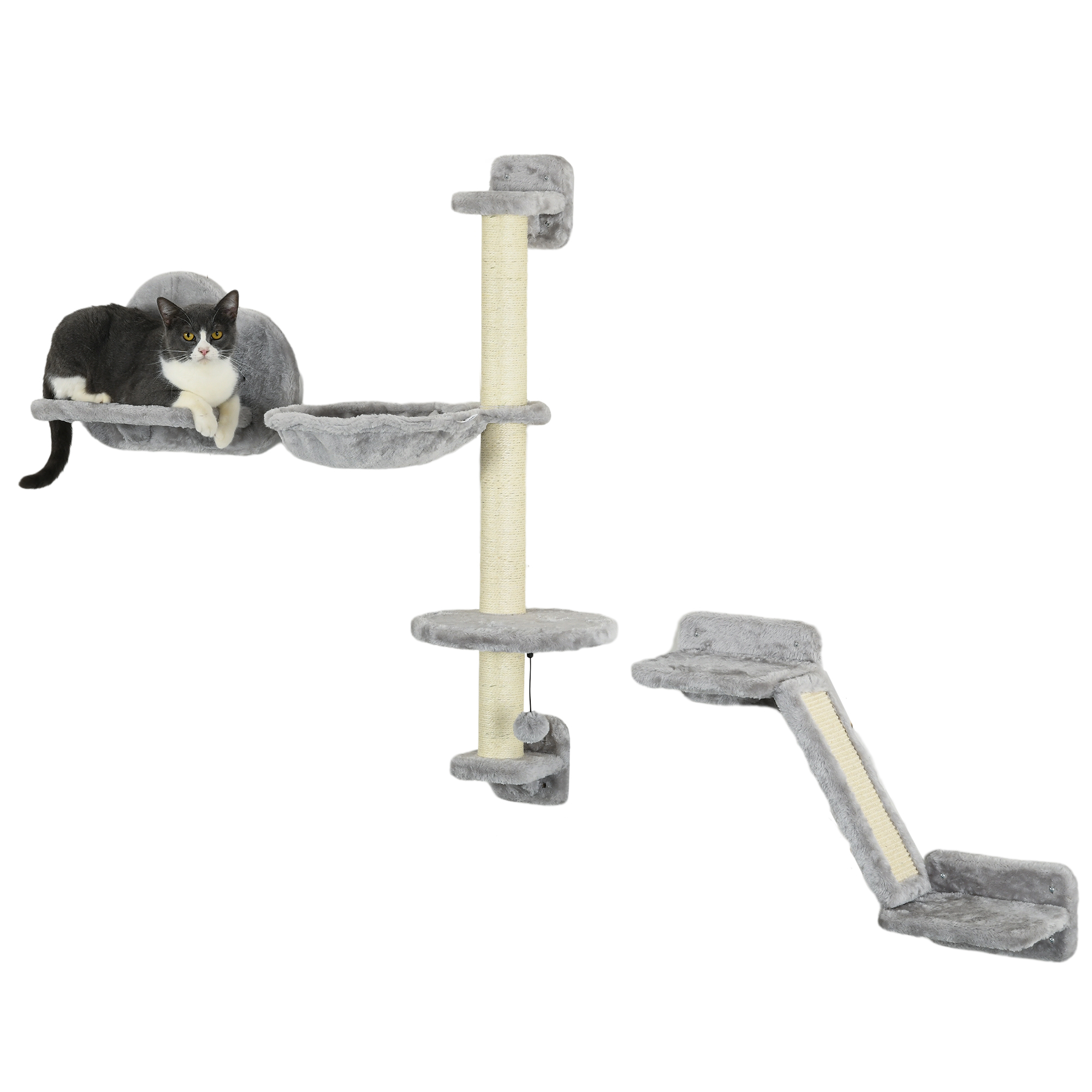 PawHut 3-teiliges Wandkletter-Set für Katzen, Wandregale mit Hängematte, Rampe mit Kratzfläche, wolkenförmige Sprungplattform, Grau Aosom