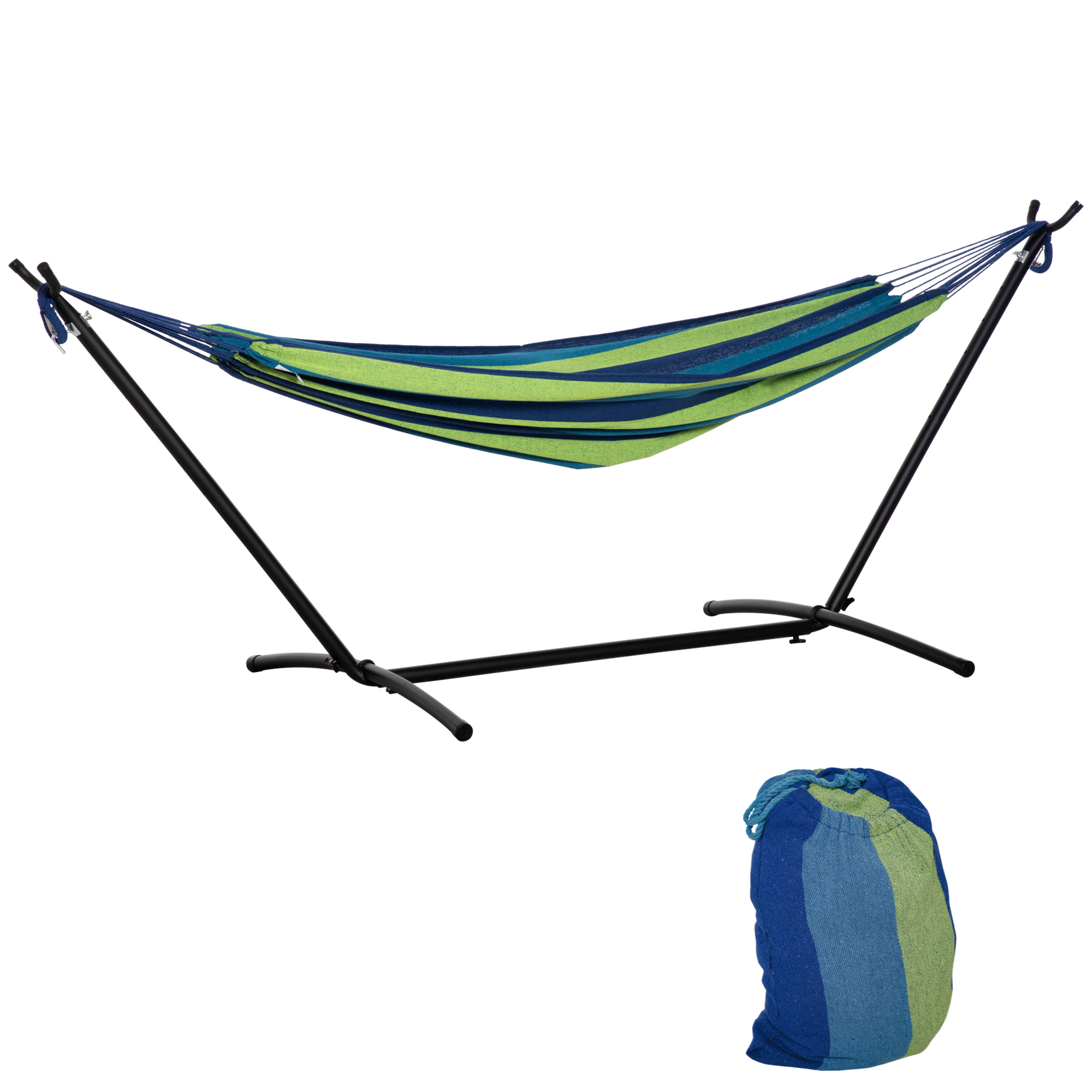 Outsunny Gartenhängematte 310x117 cm mit höhenverstellbarem Gestell, Tragfähigkeit 120 kg, freistehende Hängematte mit Tragetasche, für Camping, Garten, Balkon, Patio, Grün und Hellblau Aosom