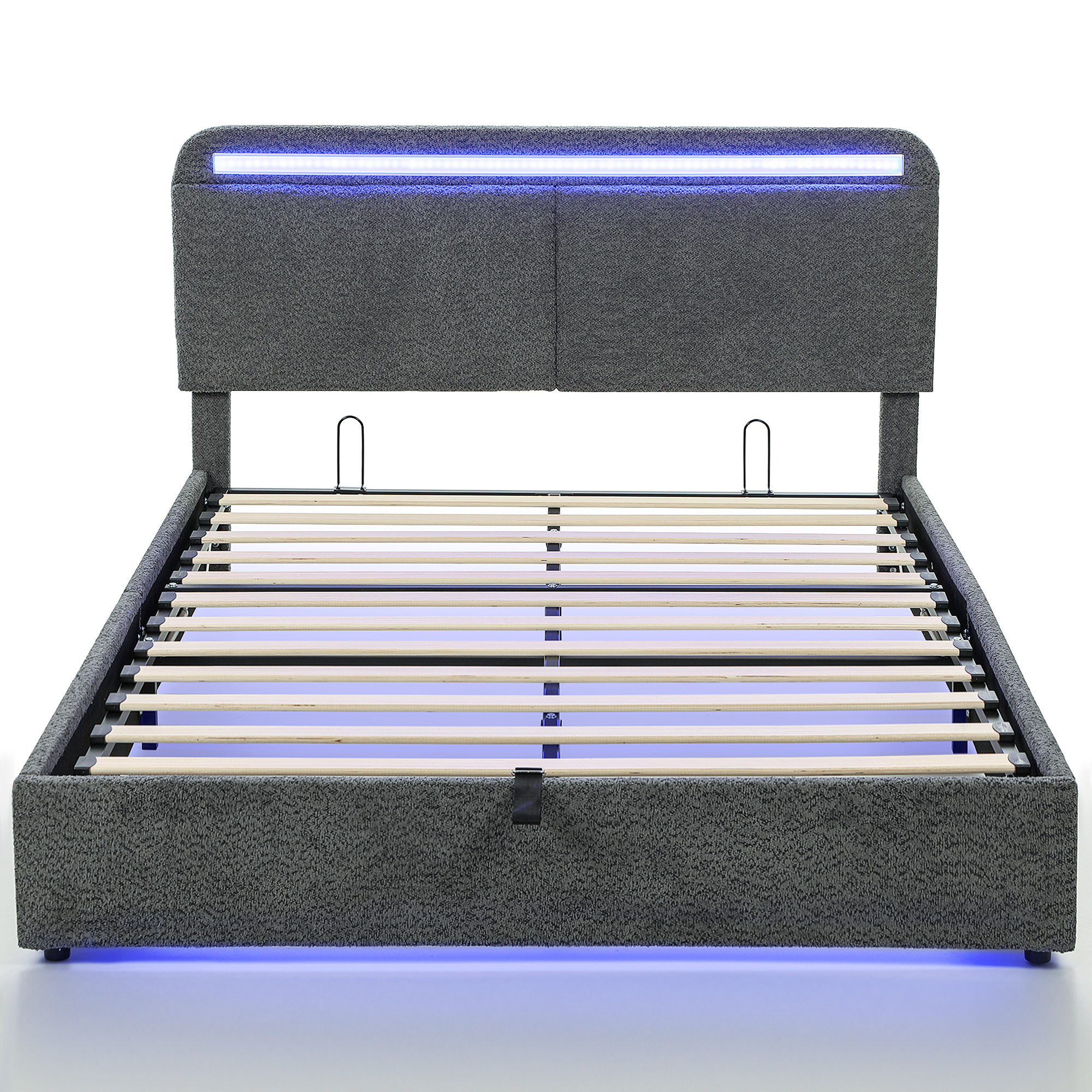 HOMCOM Bett mit Stauraum 140 x 190 cm mit LED-Beleuchtung, verstellbarem Kopfteil, gepolstertem Doppelbettgestell mit Teddy-Fleece, Lattenrost aus Holz, verstecktem Stauraum und Fernbedienung, geräuscharm, grau Aosom