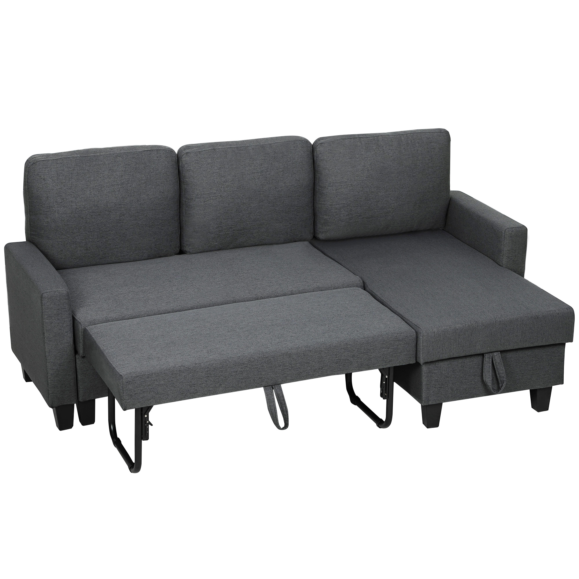 Canapé-lit 3 places avec chaise et espace de rangement, en tissu effet lin, Gris charbon