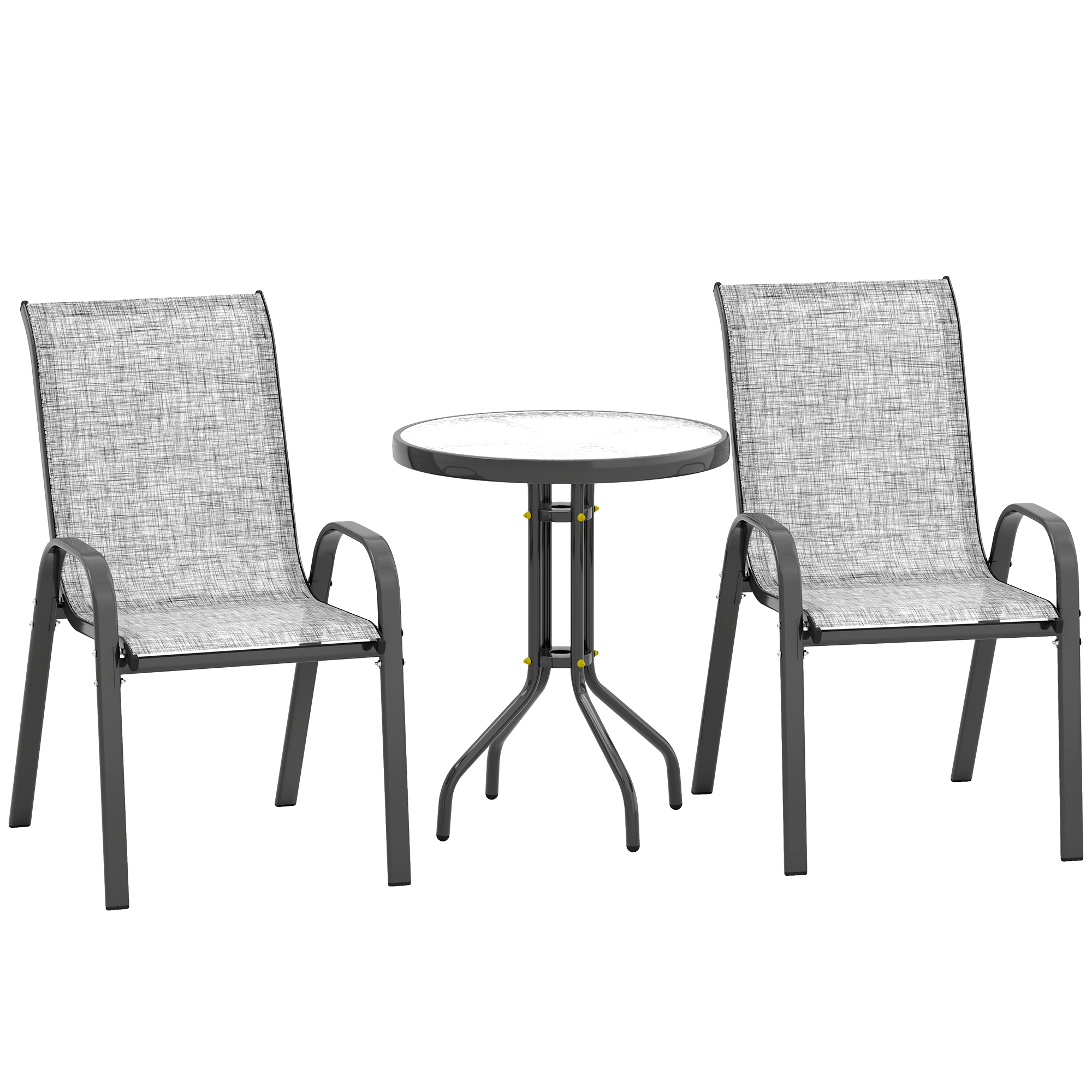 Outsunny 3-teiliges Bistro-Set mit 2 atmungsaktiven, stapelbaren Gartenstühlen und rundem Tisch, Tisch- und Stuhl-Set aus Stahl und Glas, für Terrasse & Hof, Grau Aosom