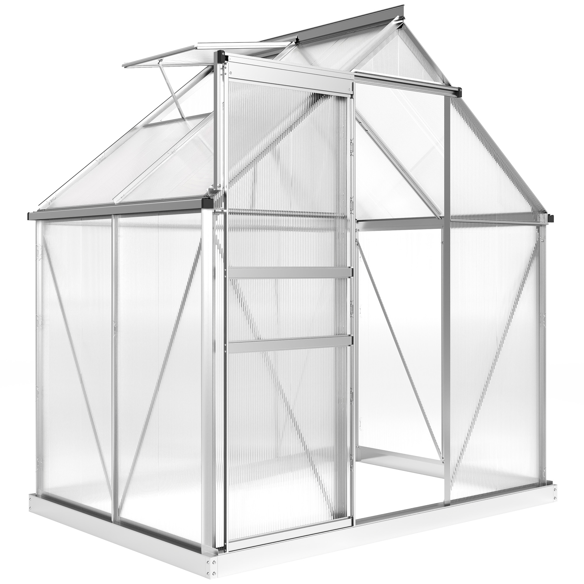 Outsunny Gewächshaus 2,5 m² aus Aluminium und Polycarbonat mit Fundament, 192,5 x 131 x 200 cm, Gewächshaus mit verstellbarem Fenster und Schiebetür, witterungsbeständig, Silber Aosom