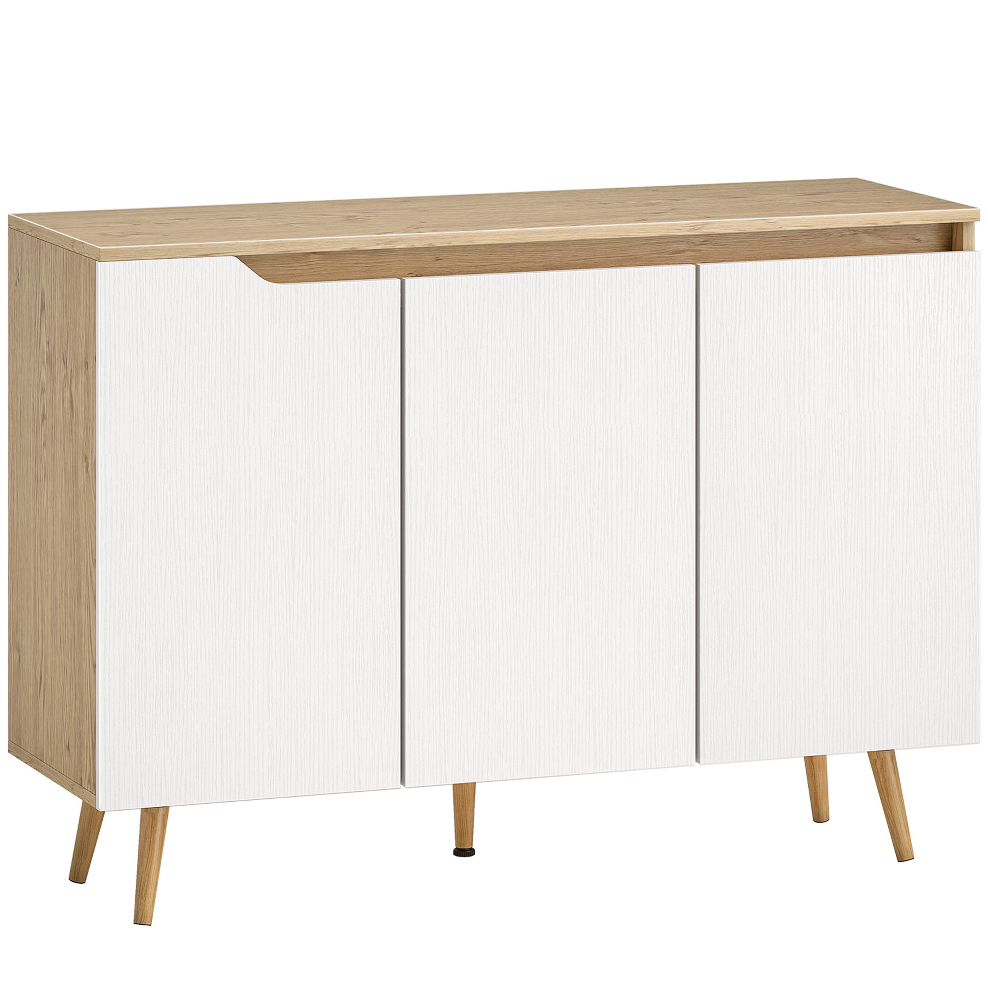 HOMCOM Sideboard, Aufbewahrungsmöbel mit 3 Türen, 2 verstellbaren Einlegeböden und 5 Hevea-Holzbeinen, rustikaler Stil, Buffet für Esszimmer und Küche, 107 x 35 x 76,5 cm, Weiß und Eiche Aosom