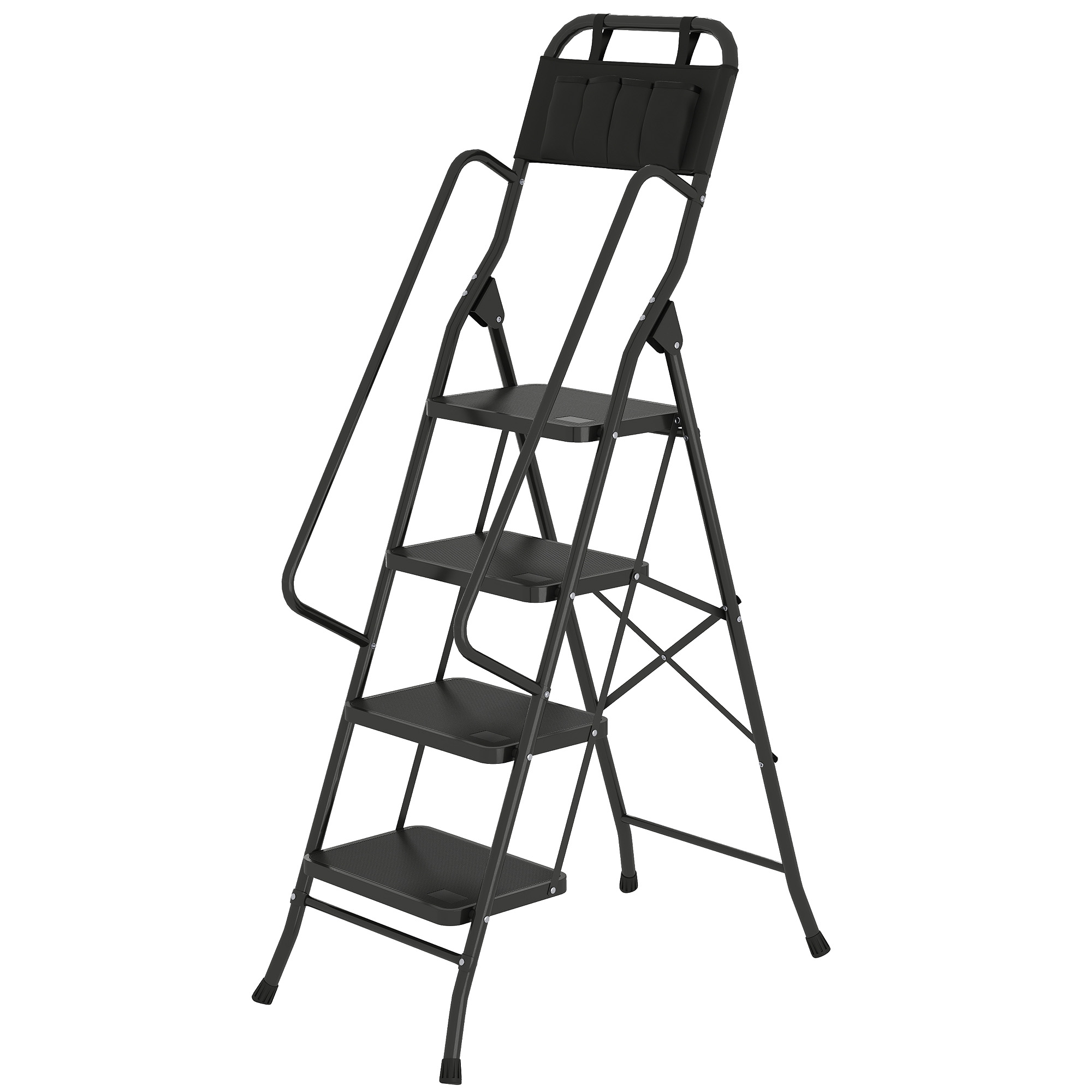 HOMCOM Escabeau pliant 4 marches avec poche à outils Escabeau à structure en ciseaux avec marches larges antidérapantes Noir