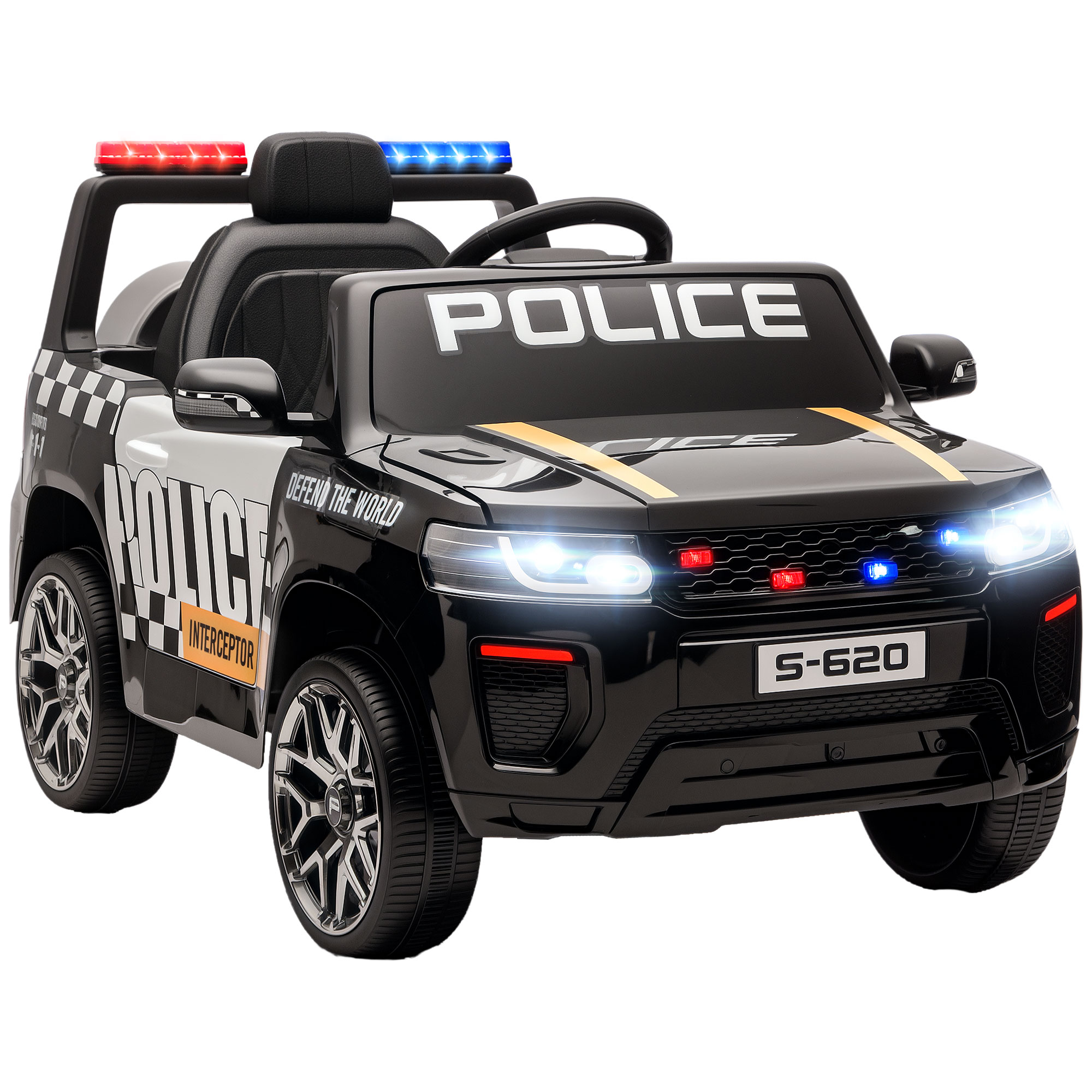 AIYAPLAY Elektro-Polizeiauto für Kinder, 12V Batterieauto, mit Doppelantrieb, 2,4-G-Fernbedienung, 4-Rad-Federung, Sirene, LED-Scheinwerfer, USB-Anschluss, Bluetooth und Musik, Schwarz Aosom