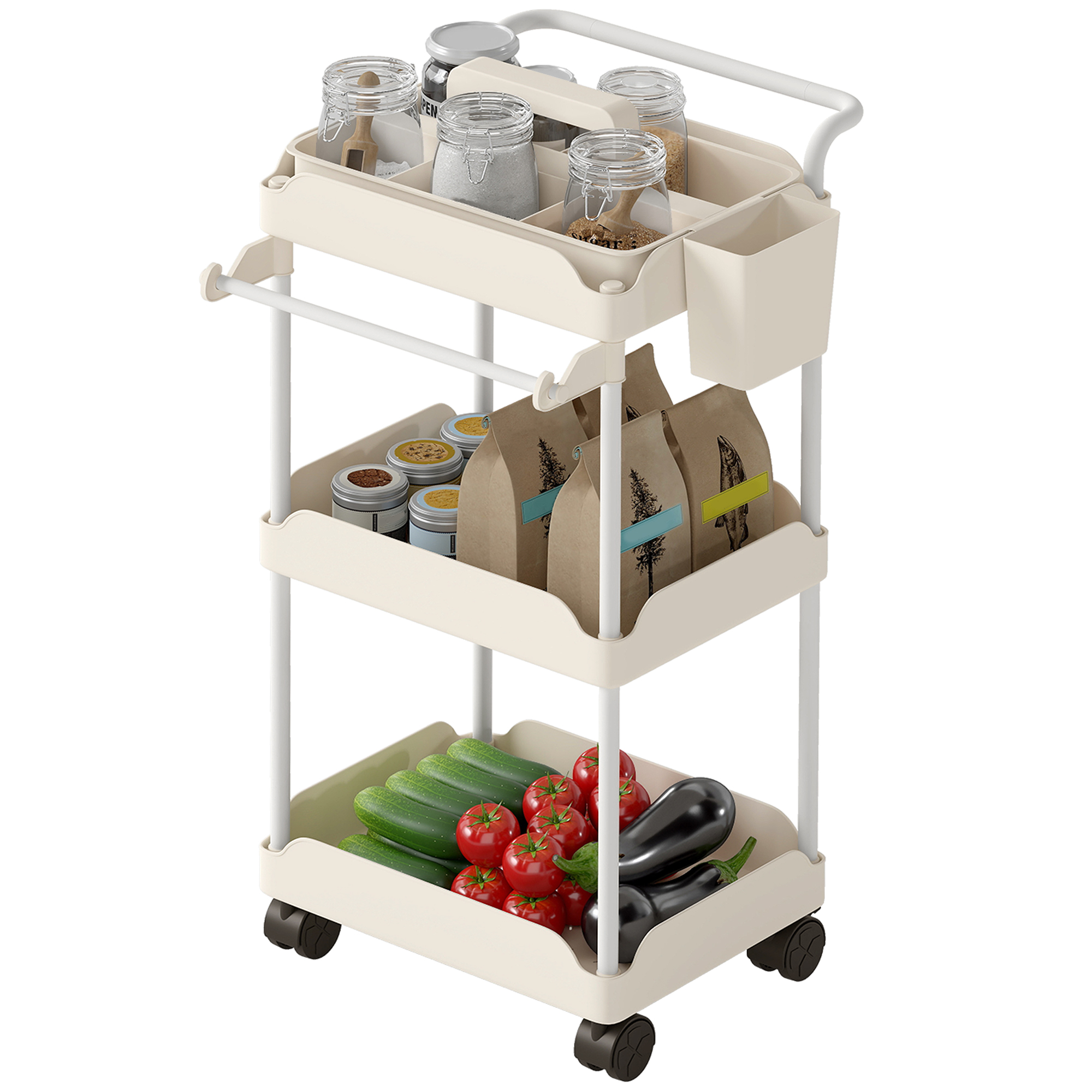 HOMCOM Desserte auxiliaire à roulettes 3 niveaux desserte de cuisine avec paniers amovibles et porte-serviettes blanc