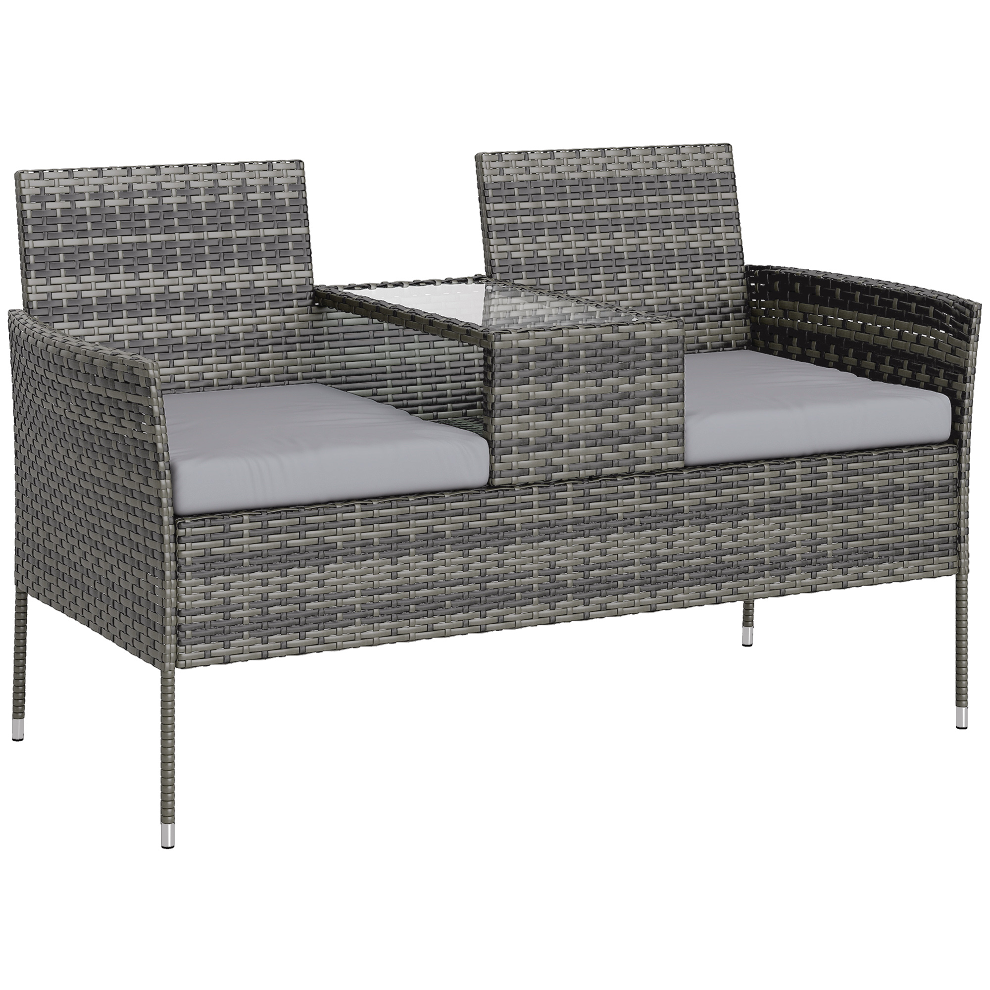 Outsunny Gartenbank für 2 Personen aus Rattan und Stahl, Außenbank mit Kissen und mittlerem Couchtisch aus gehärtetem Glas, 135x64x81 cm, Dunkelgrau Aosom