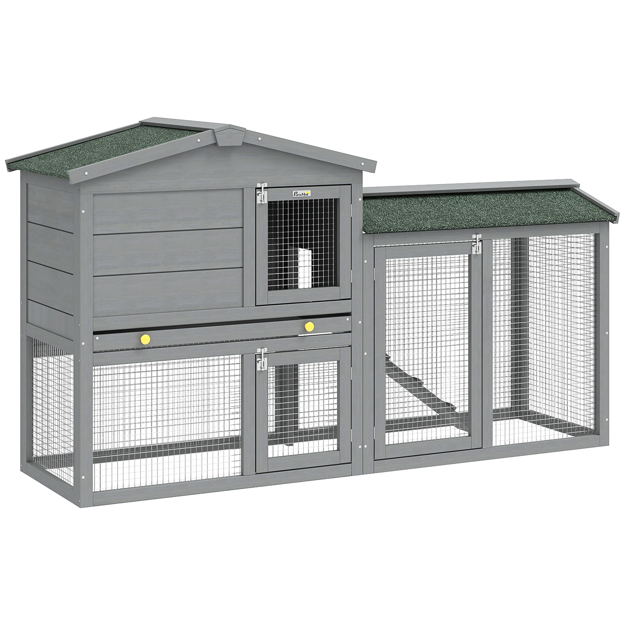 PawHut Cușcă din lemn cu 2 nivele, cu acoperiș din asfalt, tavă detașabilă și scară pentru exterior 150x45x85 cm Gri | Aosom Romania