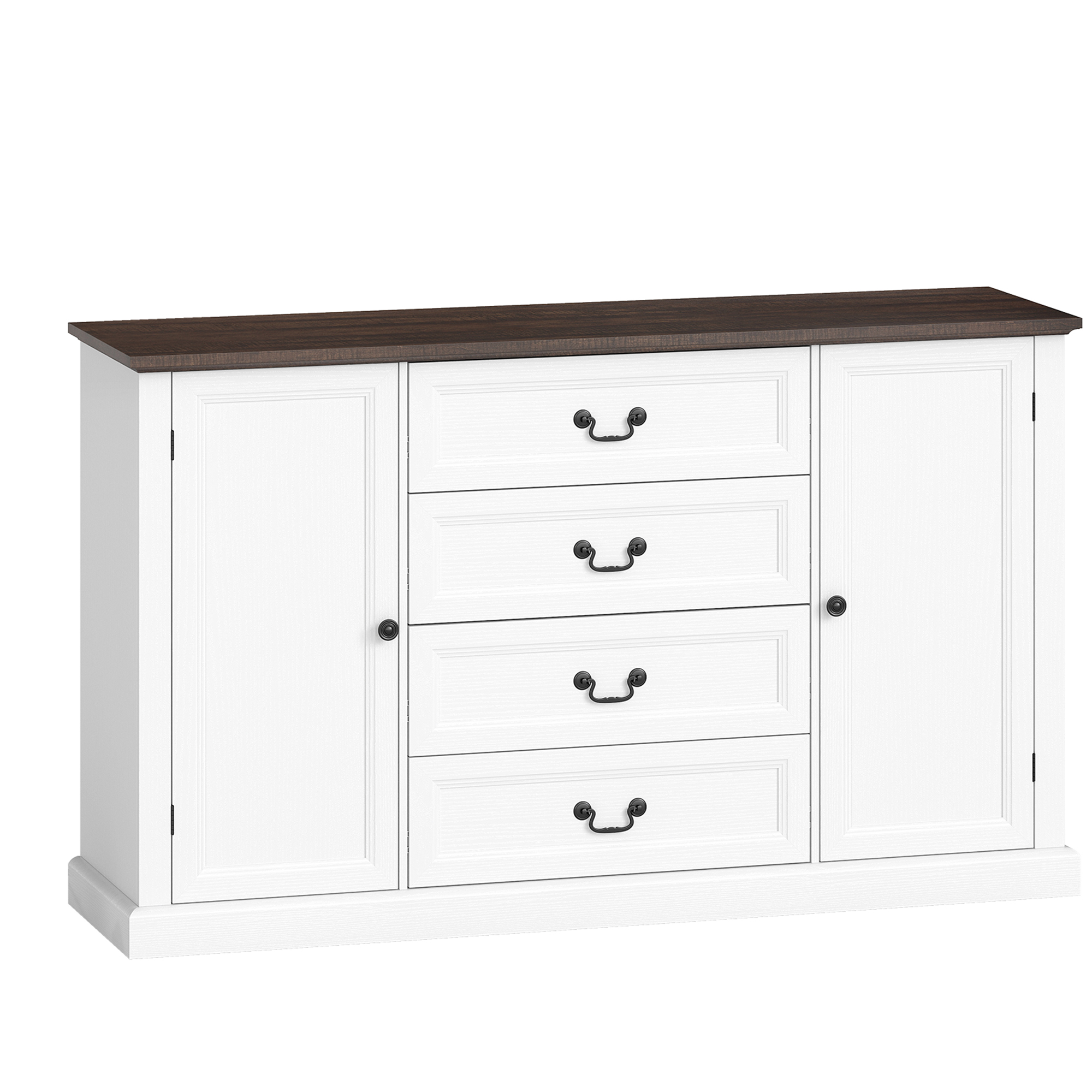HOMCOM Küchenschrank, Küchenmöbel mit 4 Soft-Close-Schubladen, 3 cm starke Abstellfläche, Buffet mit verstellbaren Einlegeböden, rustikaler Stil, für Wohnzimmer, Esszimmer, 147x40x87 cm, Weiß Aosom