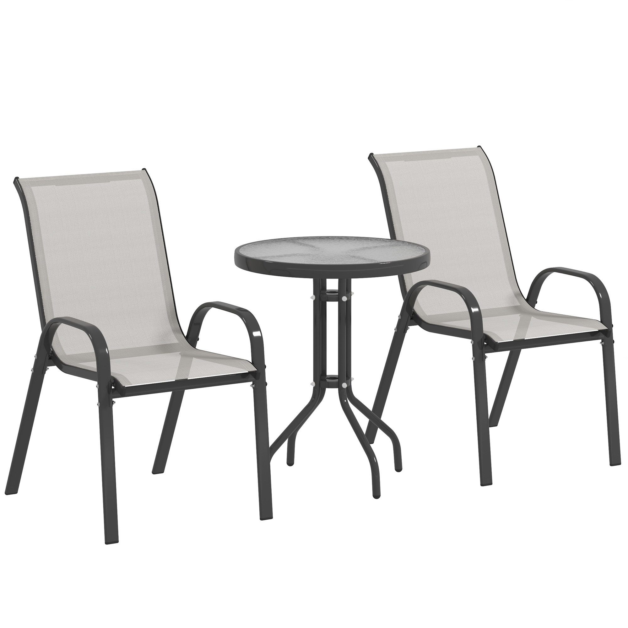 Outsunny 3-teiliges Terrassen-Set mit Tisch und Stühlen, Gartenmöbel mit stapelbaren Stühlen, Glasplatte und Stahlgestell, für Terrasse, Hellgrau Aosom