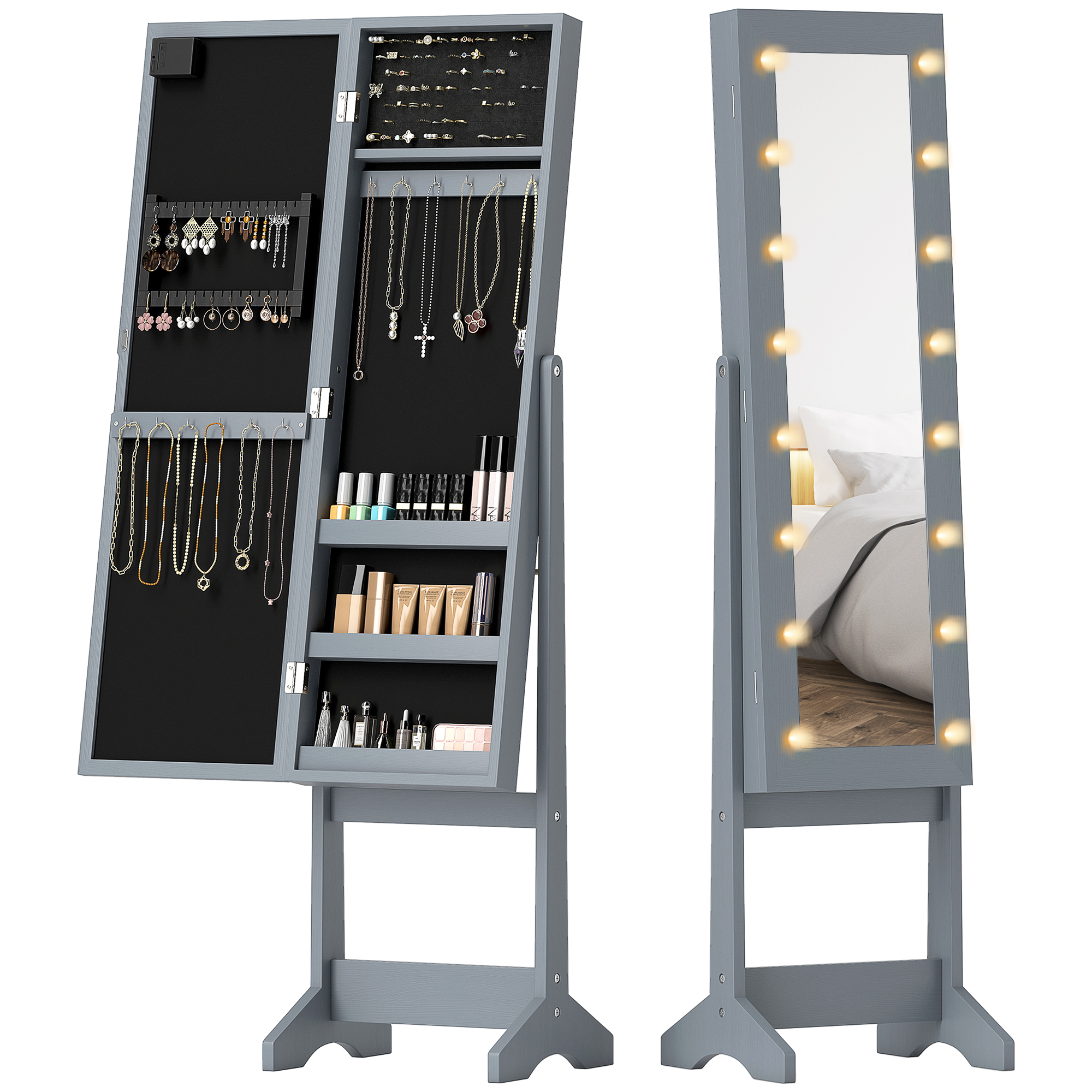 HOMCOM Miroir Coffre à Bijoux avec LED Armoire à Bijoux Armoire à Bijoux sur Pied Miroir Intégral Angle Réglable Gris