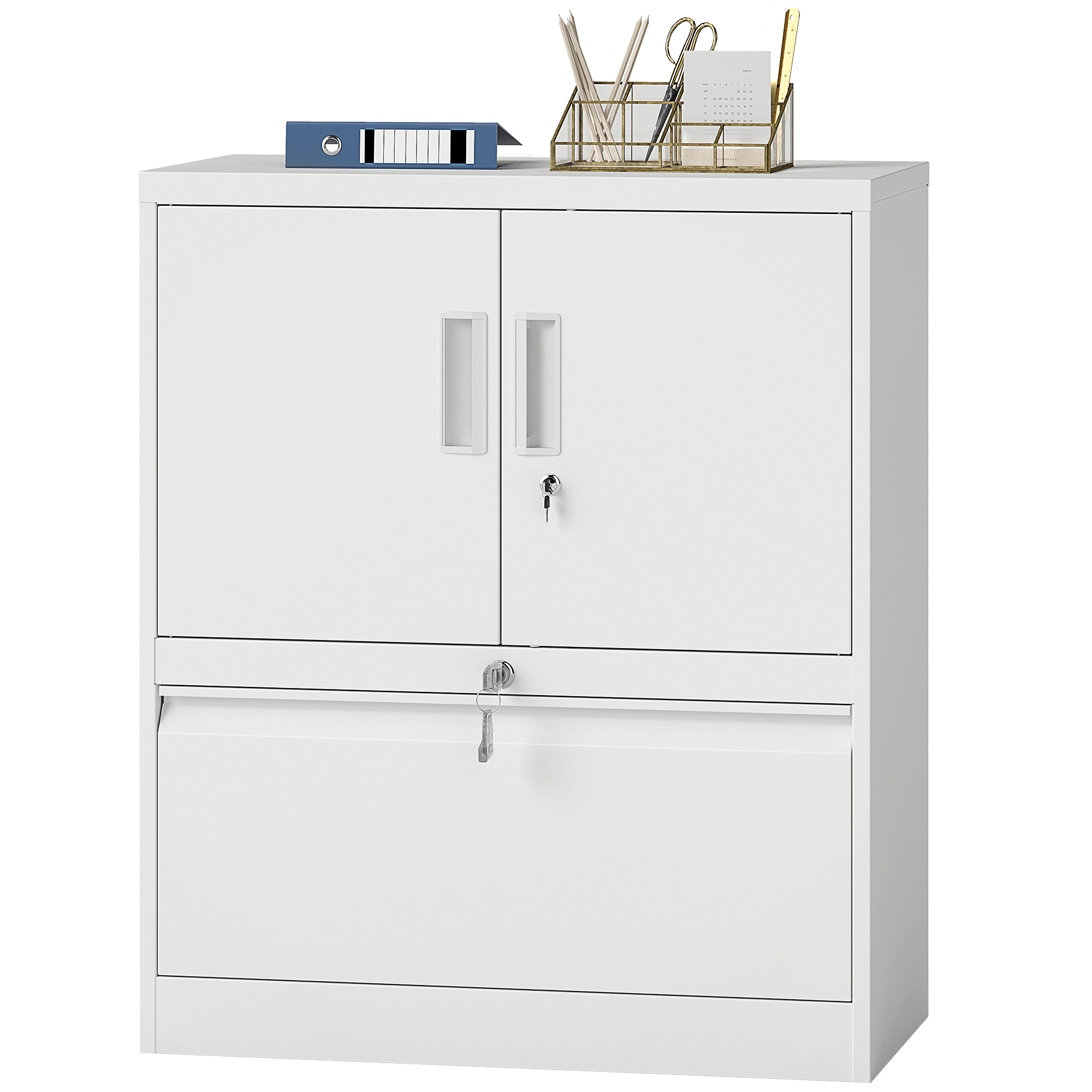 HOMCOM Armoire à dossiers Armoire de bureau Verrouillable Armoire polyvalente en acier avec 2 portes, étagères réglables Blanc