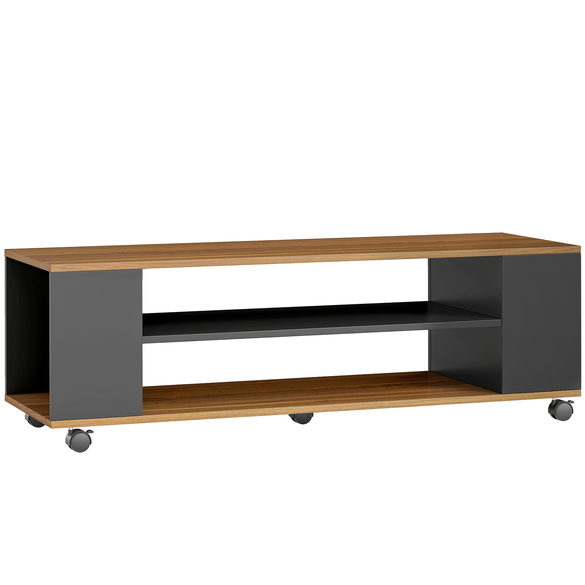 HOMCOM TV-Möbel auf Rollen, wandhängend oder stehend, fürs Wohnzimmer, mit 4 offenen Regalböden, für Fernseher bis 139,7 cm, moderner Stil, 120x40x38,5 cm, Nussbaum und Matt-Schwarz Aosom