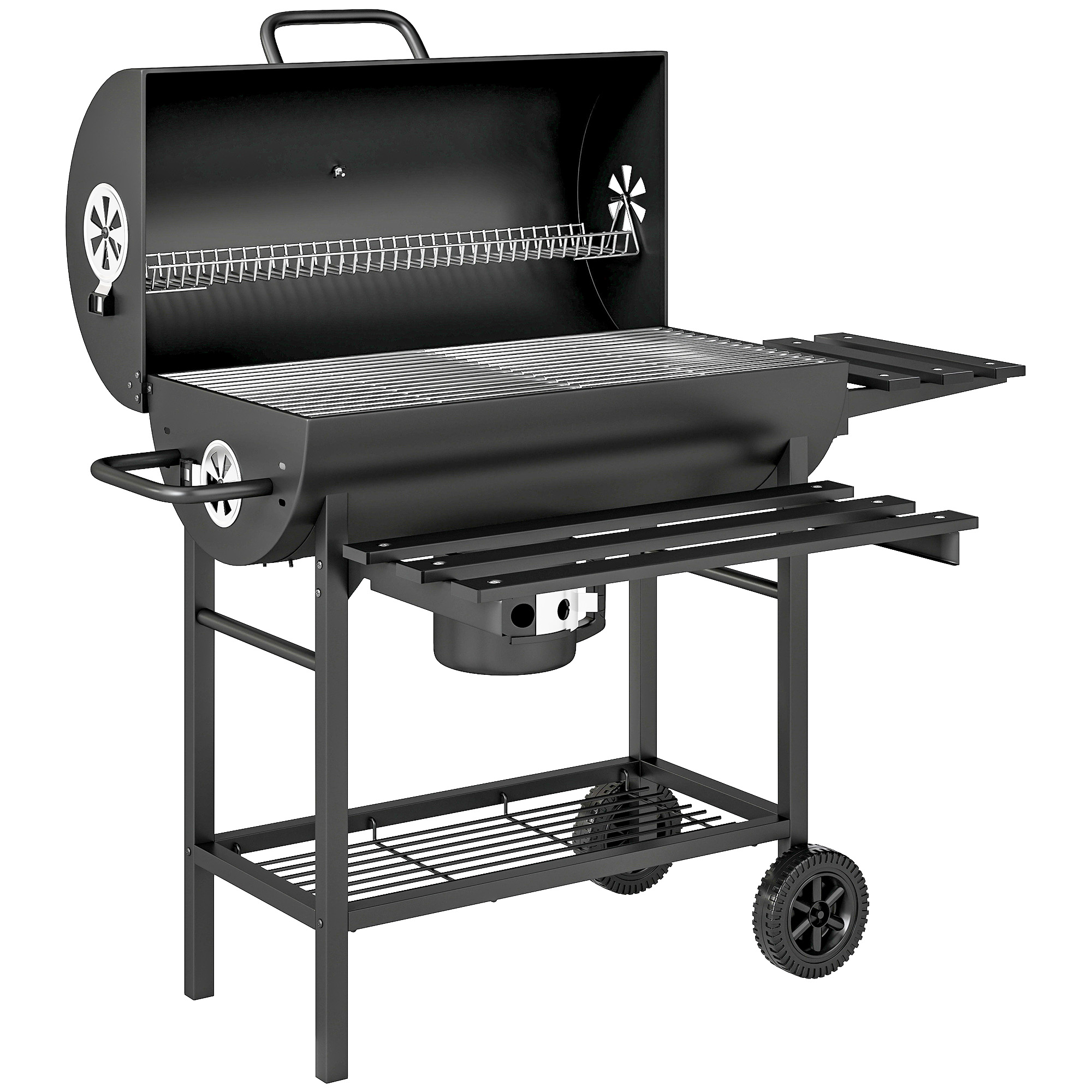 Outsunny Grătar pe cărbuni din oțel BBQ Smoker cu capac mânere termometru roți mobil 114 x 65 x 95 cm | Aosom Romania