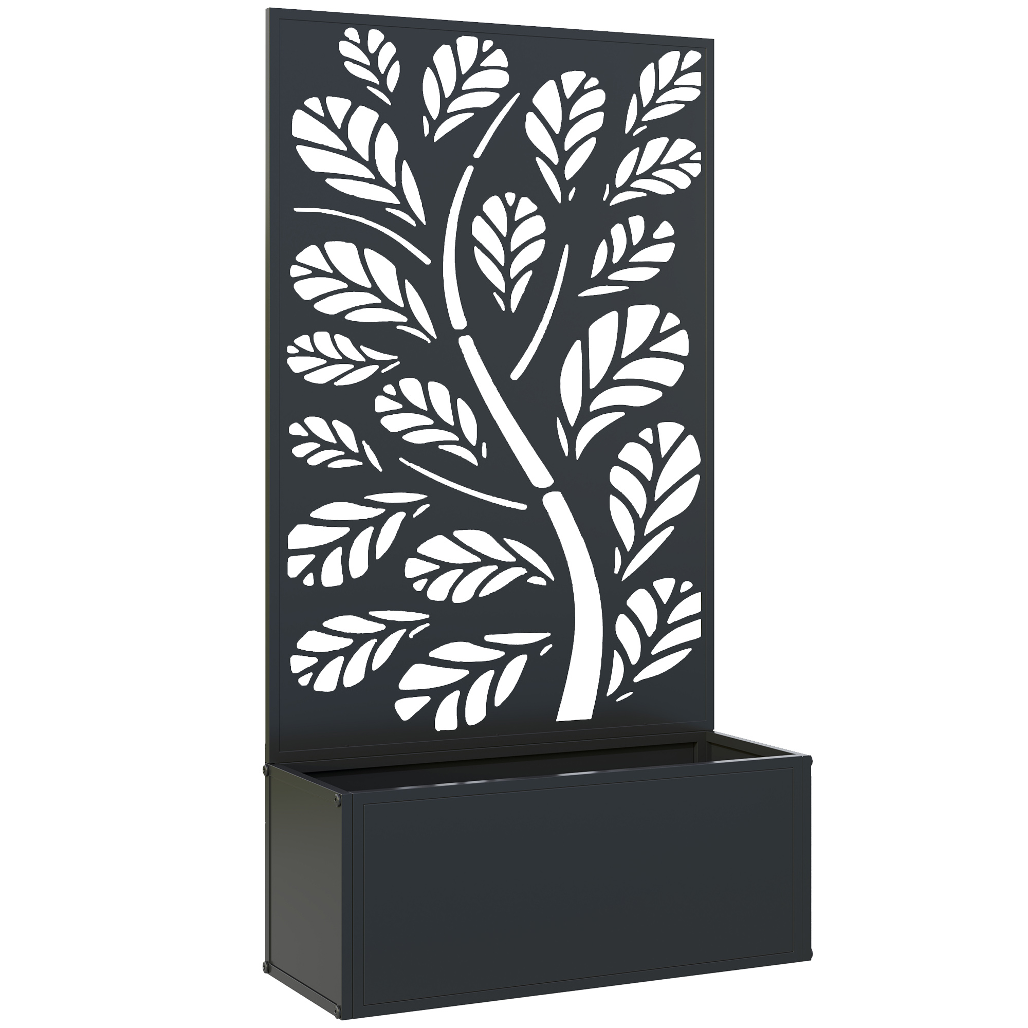 Outsunny Pflanzkasten mit Rankgitter, Sichtschutz-Paravent, Metall-Pflanzkasten auf Beinen oder zur Wandmontage, Muster mit runden Blättern, rechteckiger Pflanzkasten Balkon Terrasse Patio, 61 x 23 x 113 cm, schwarz Aosom