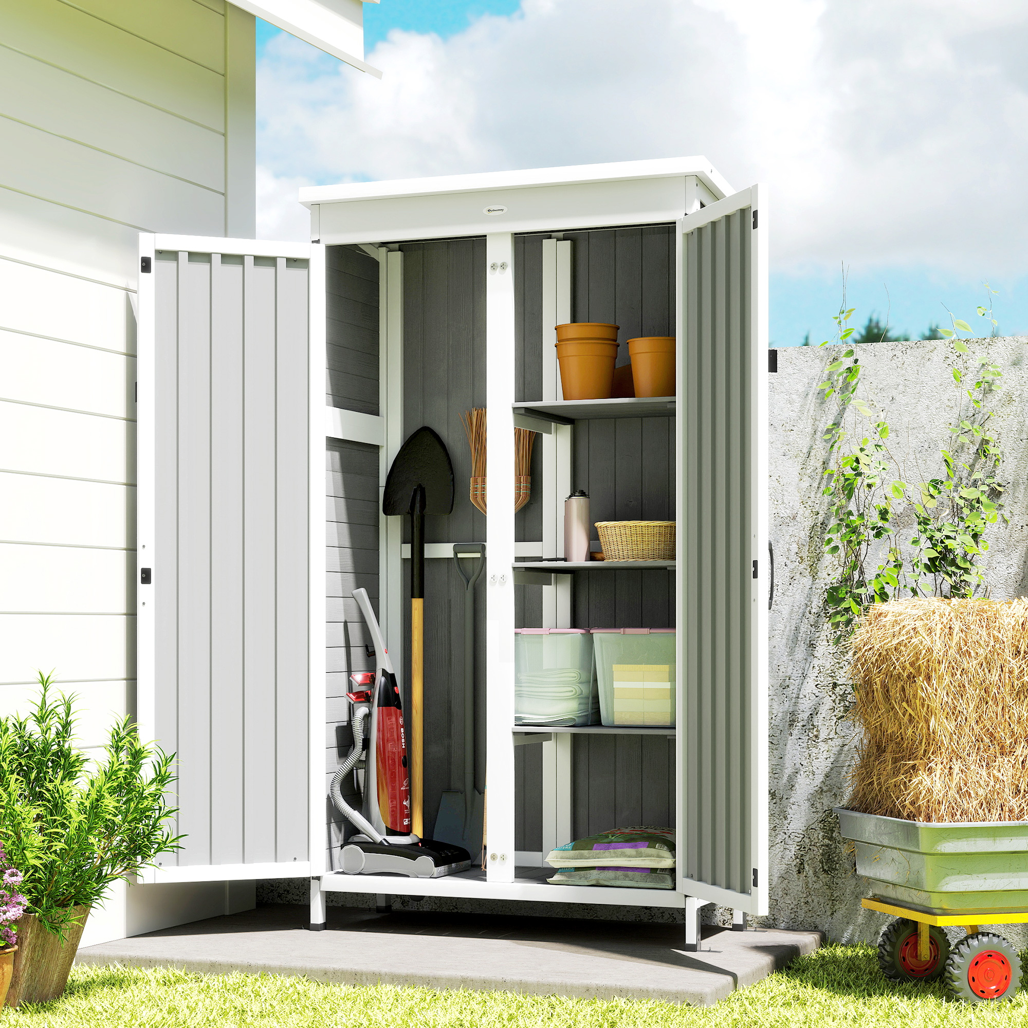  Dulap de Gradina cu Rafturi Demontabile si Usa Blocabila, din Lemn si Otel, 94x43x166 cm, Alb si Negru [1]